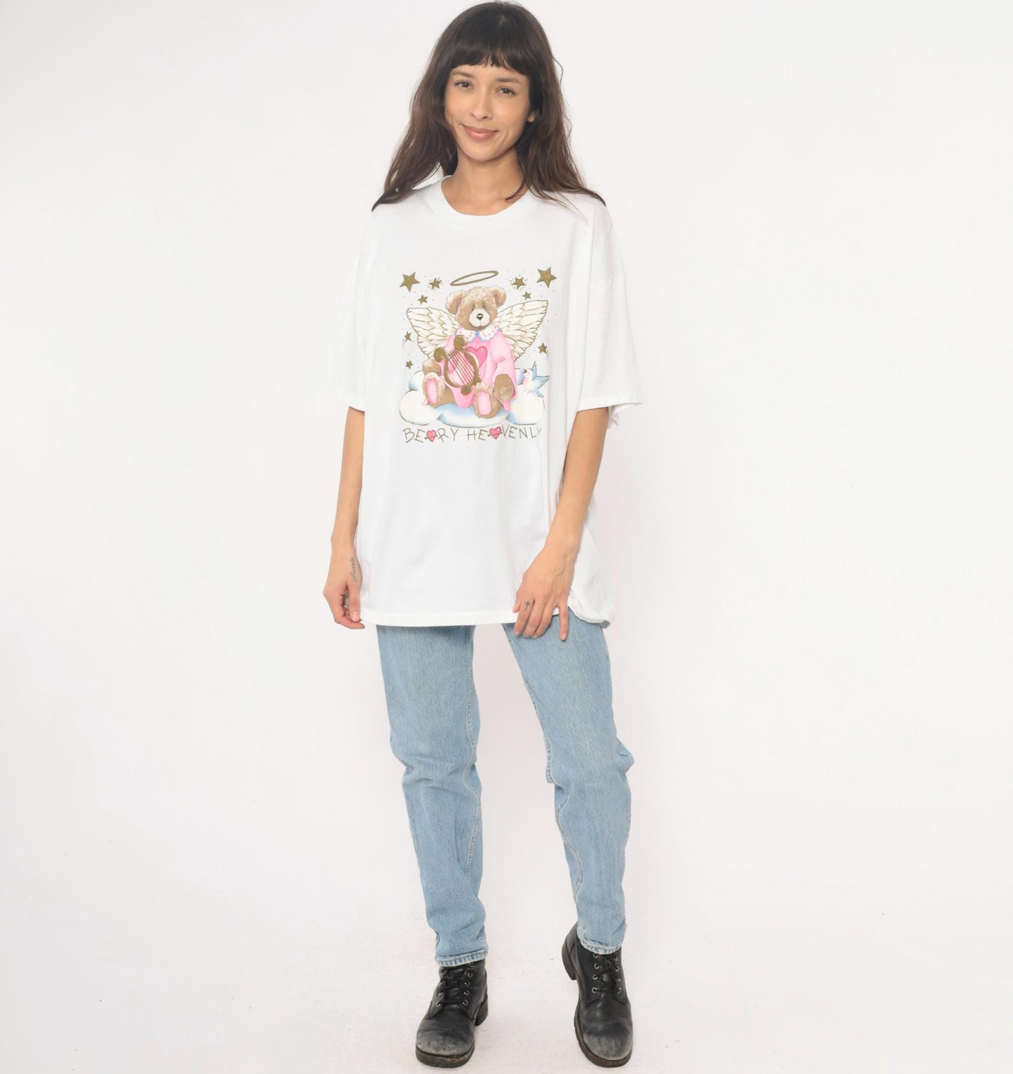 90s Oneita Beary Heavenly Angel Teddy Bear Graphic Tee White Plus Size XXL