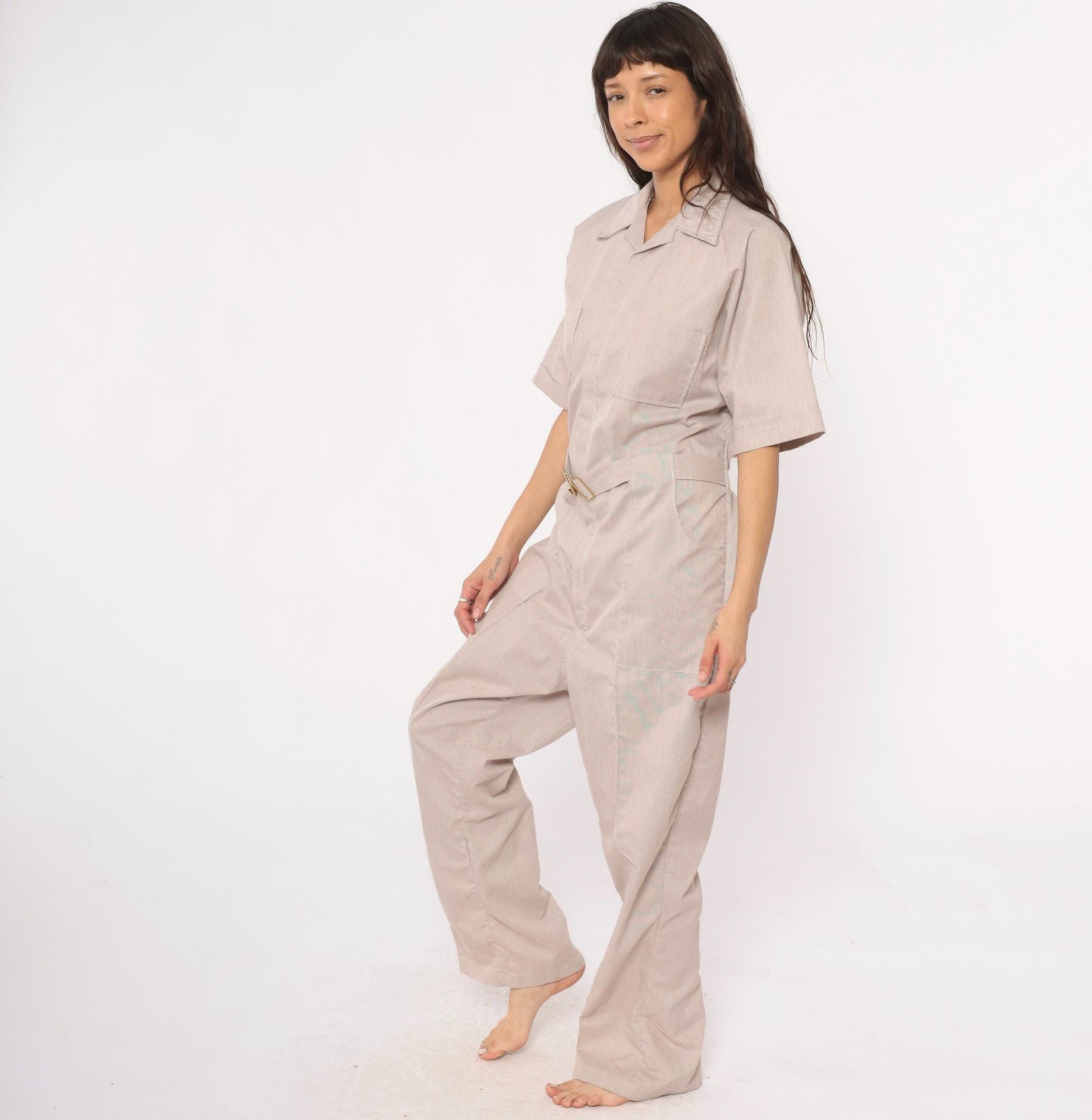 80s Beige Jumpsuit Belted Collared Utility Workwear Coveralls Medium