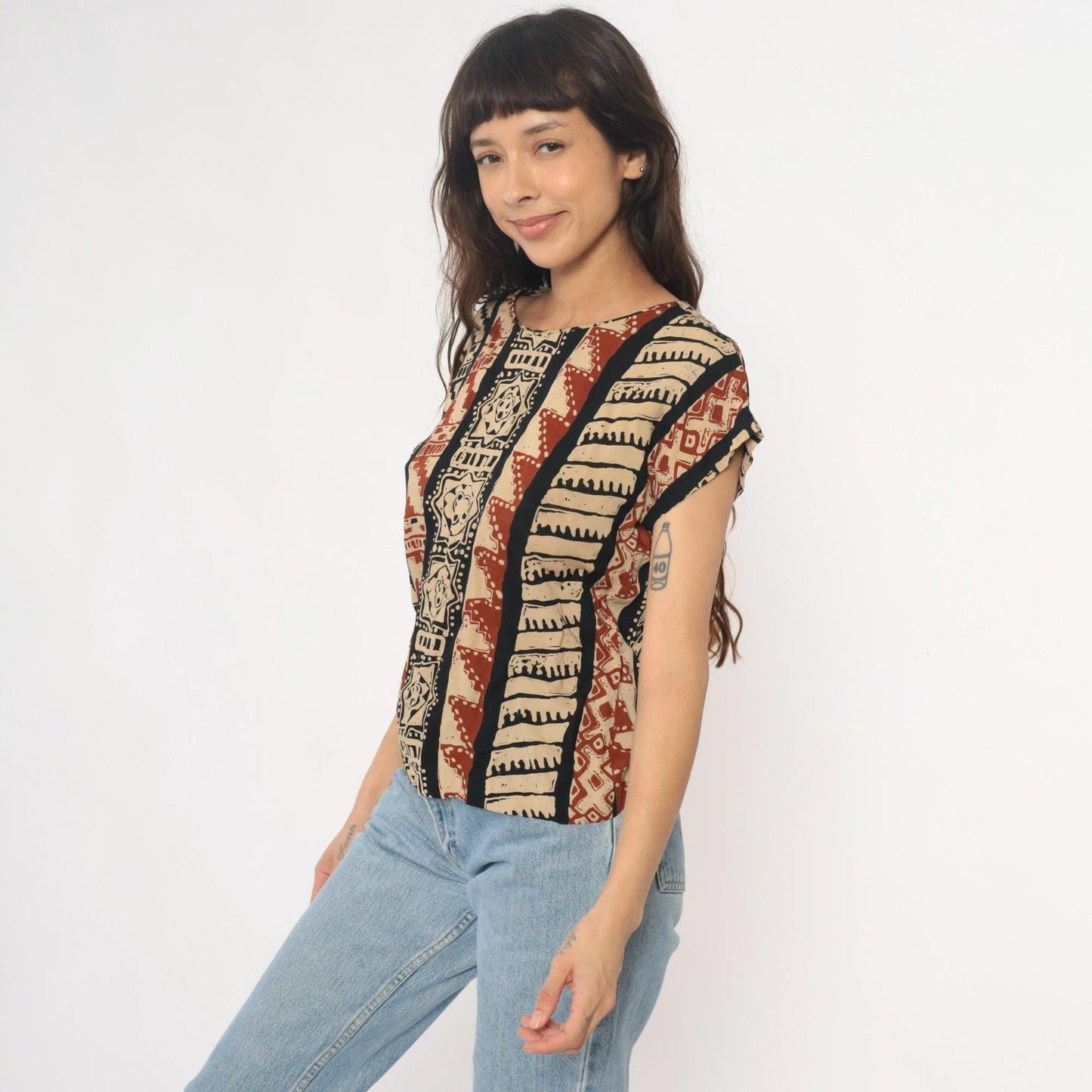 90s Lia G Petites Tribal Geometric Striped Blouse Beige Black Rust Medium