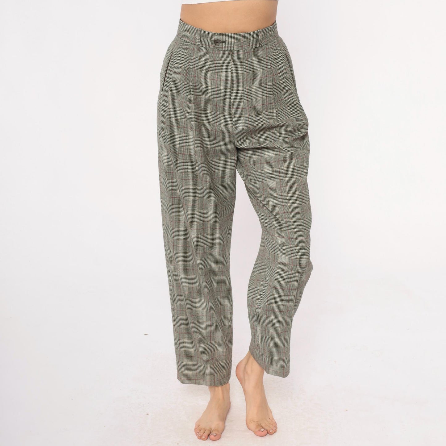 80s Barry Bricken Wool Plaid High-Waisted Trousers Grey Small S