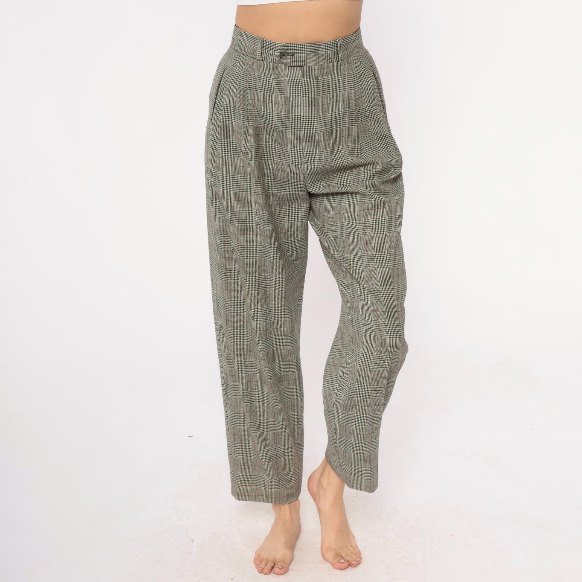 80s Barry Bricken Wool Plaid High-Waisted Trousers Grey Small S