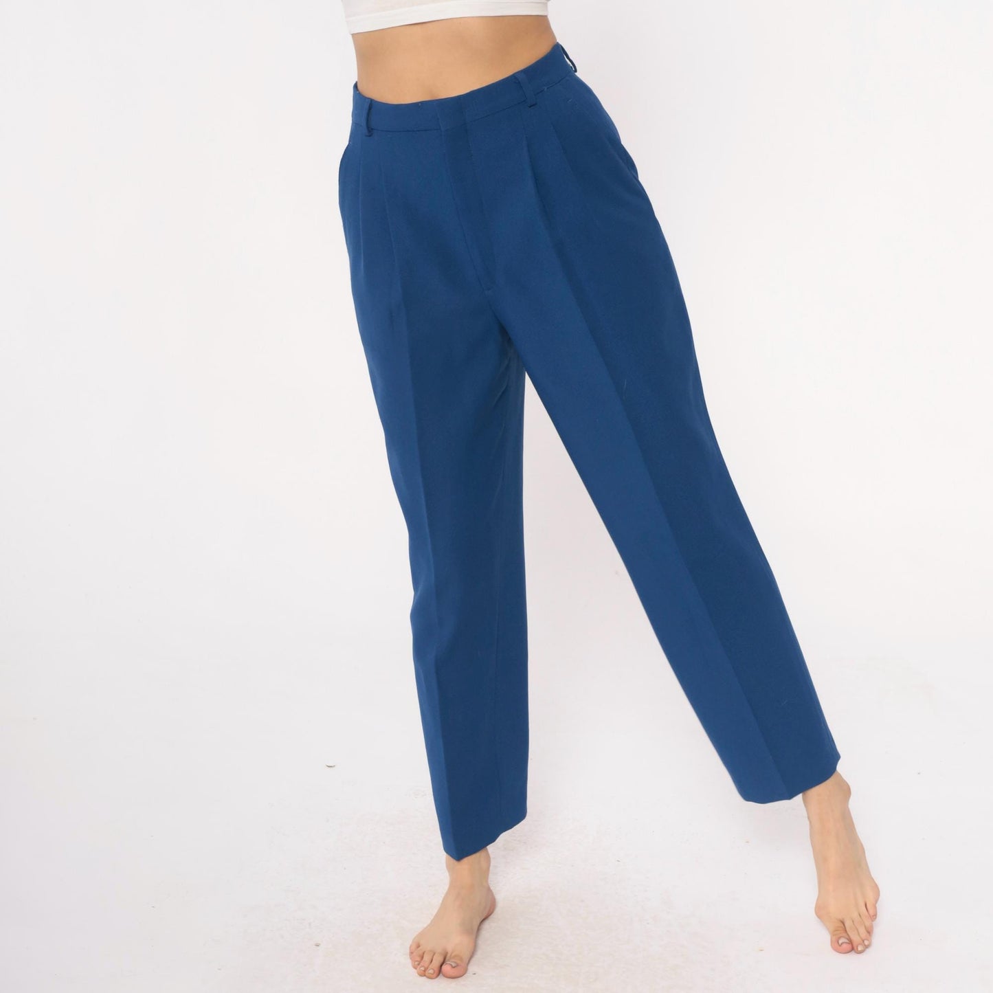 70s Haggar Navy Pleated High-Waist Trousers Ankle Length Medium