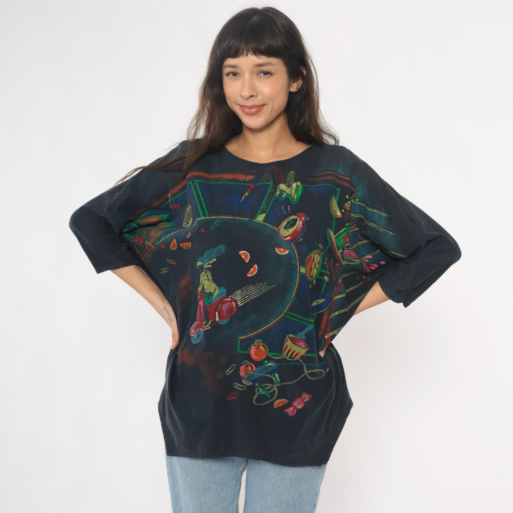 80s DT Company Vespa Scooter Graphic Tee Black Cotton Asymmetric Hem Large