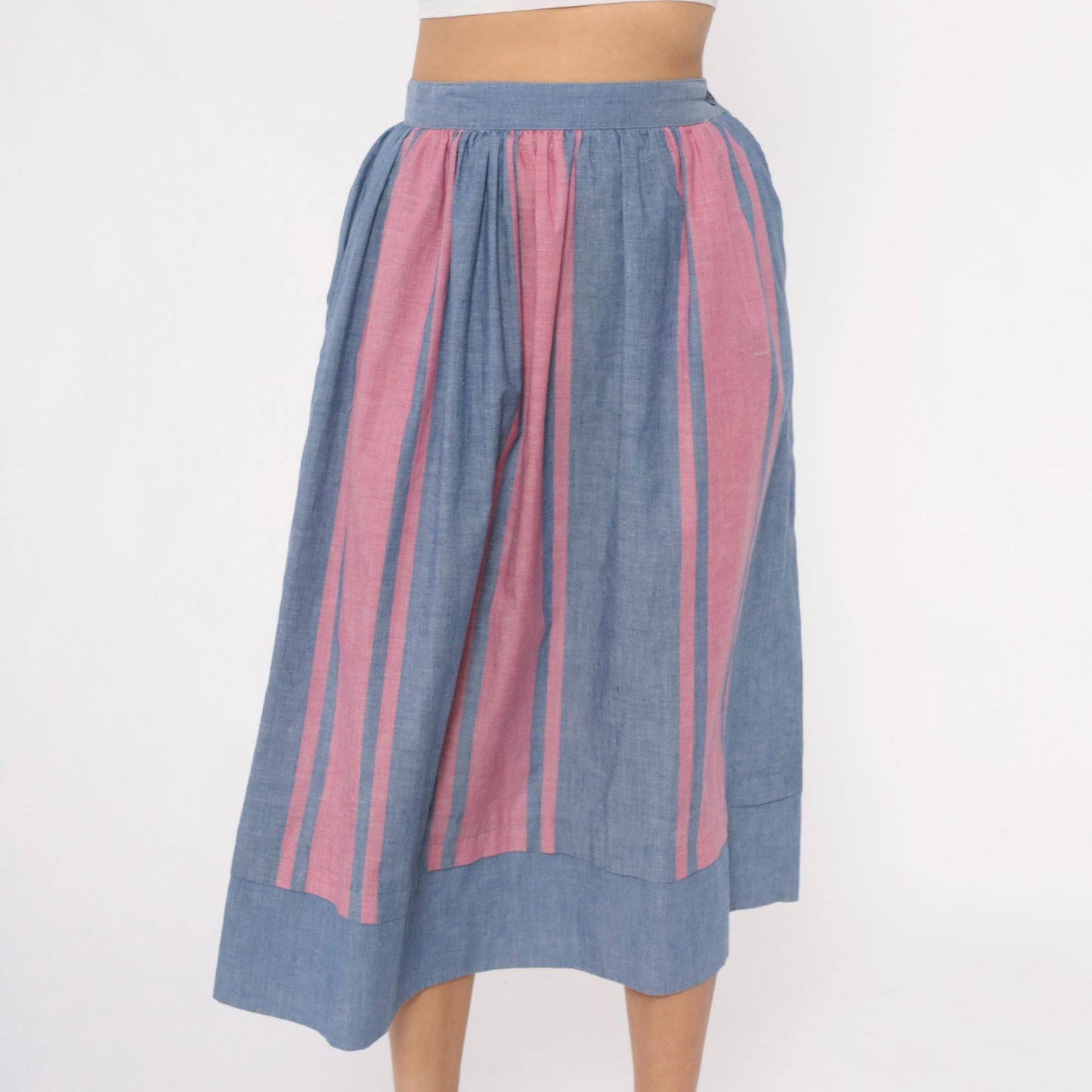 80s Blue Pink Striped Midi Skirt High Waist Gathered Full Skirt Small S