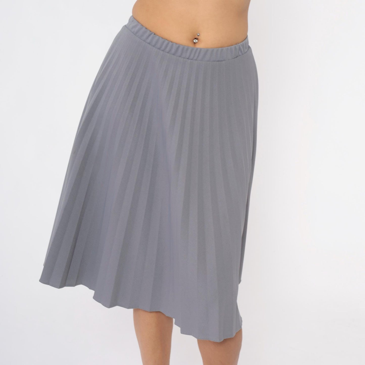 70s Grey Pleated Skirt Elastic Waist Knee-Length A-Line Medium