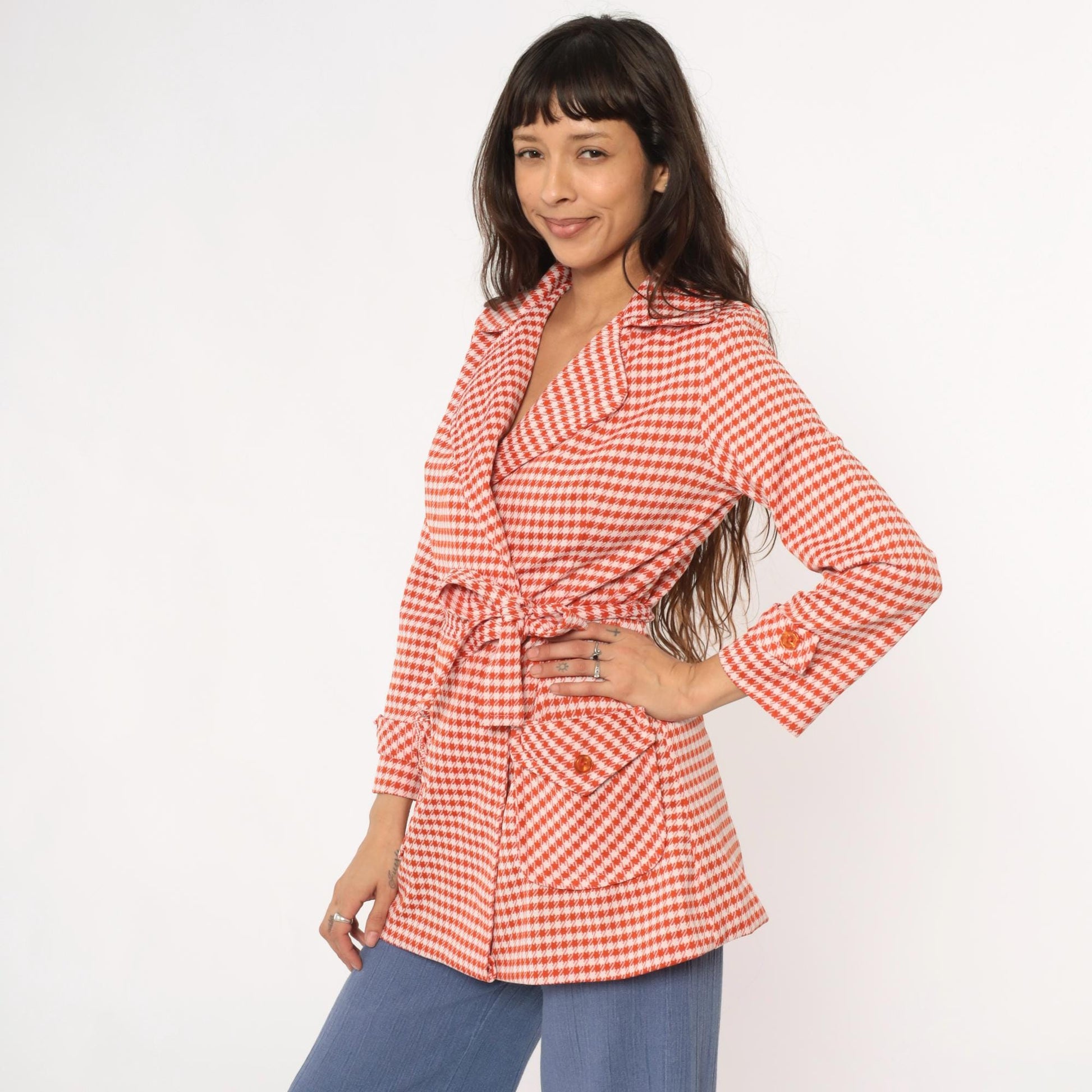 70s Houndstooth Wrap Jacket Red White Checkered Collared Blazer Medium