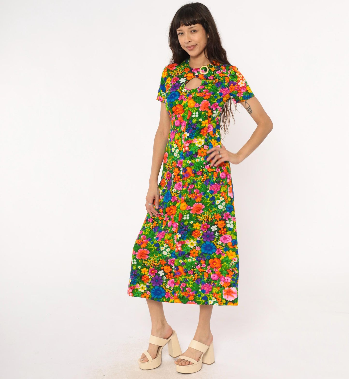 70s Floral Maxi Dress Keyhole Neckline Short Sleeve Cotton Rainbow Small