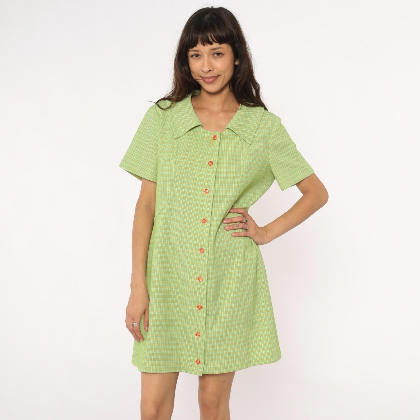 70s Green Yellow Checkered Mini Shift Dress Pointed Collar Short Sleeve Large L