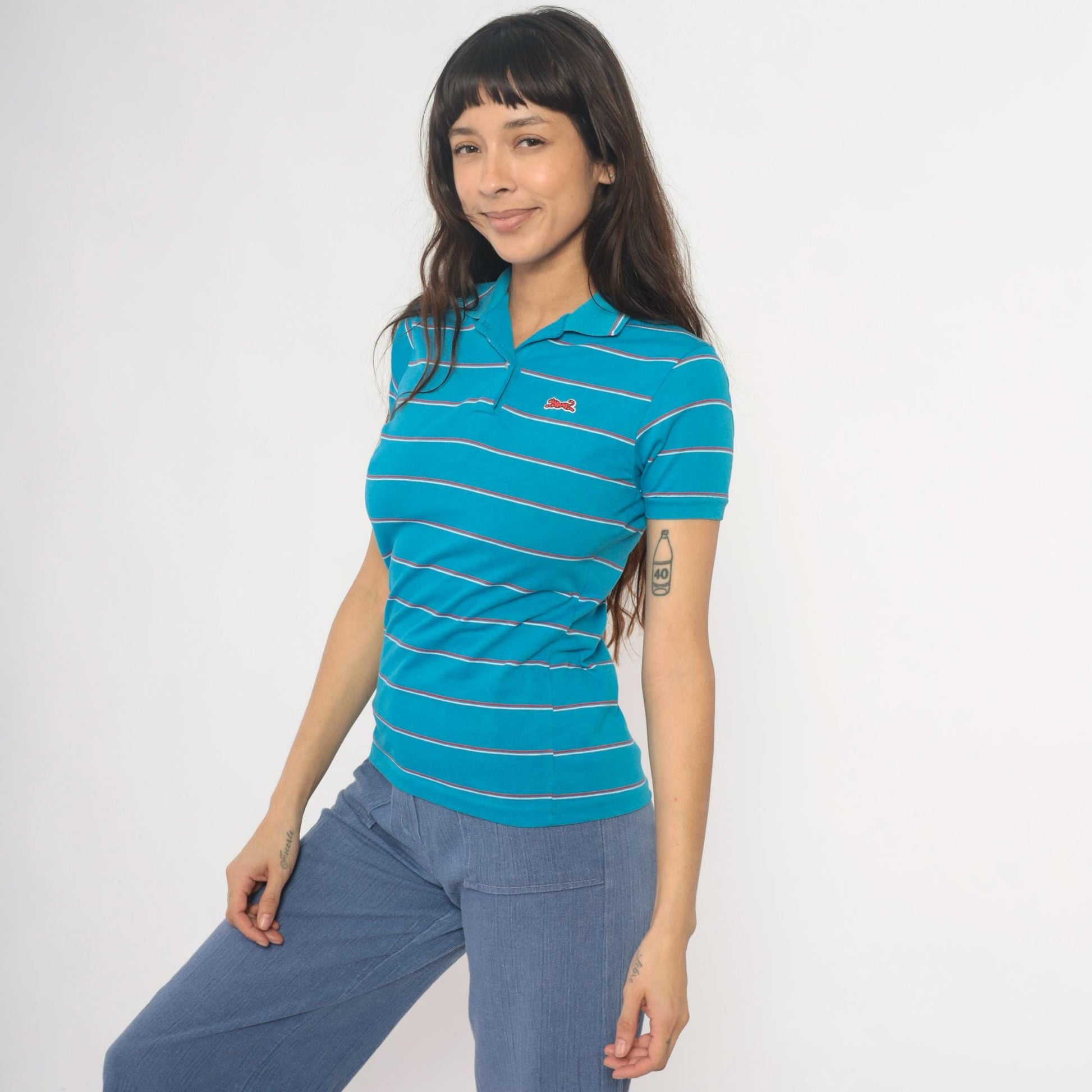 90s Le Tigre Polo Striped Blue Red White Horizontal Collared Shirt Extra Large XL
