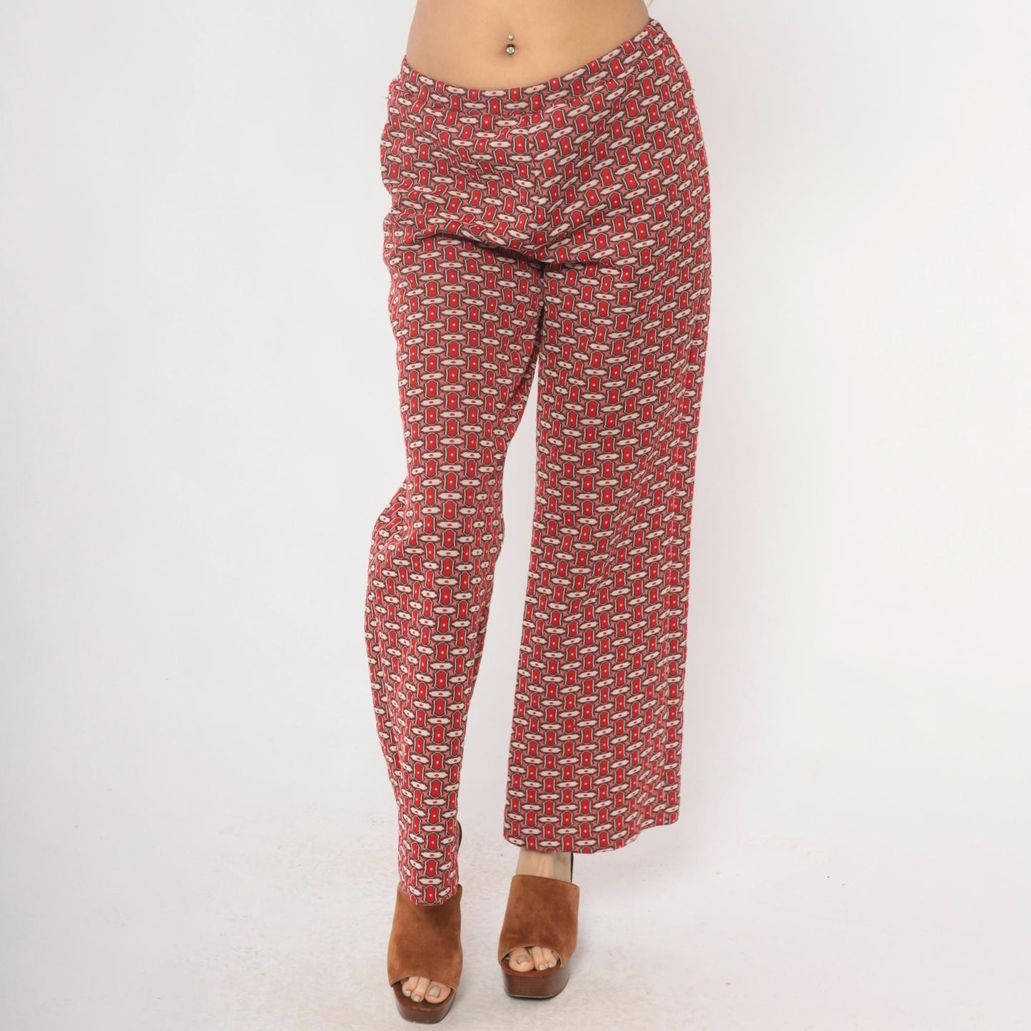 70s Red Lion Geometric Chain Print Straight Leg Trousers Burgundy Medium M