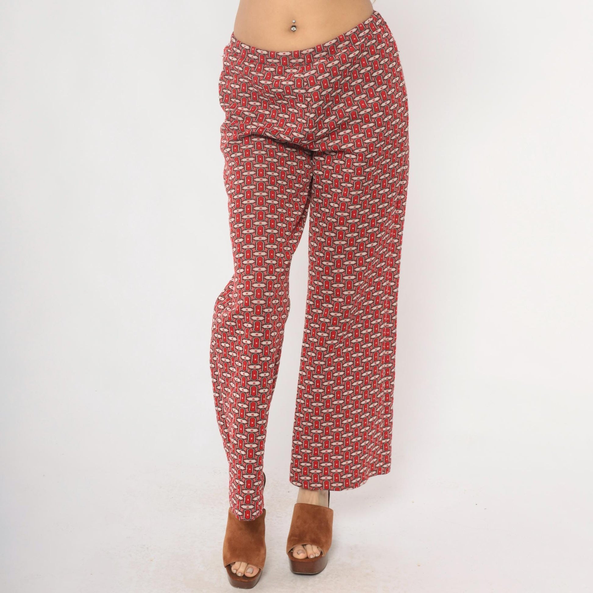 70s Red Lion Geometric Chain Print Straight Leg Trousers Burgundy Medium M