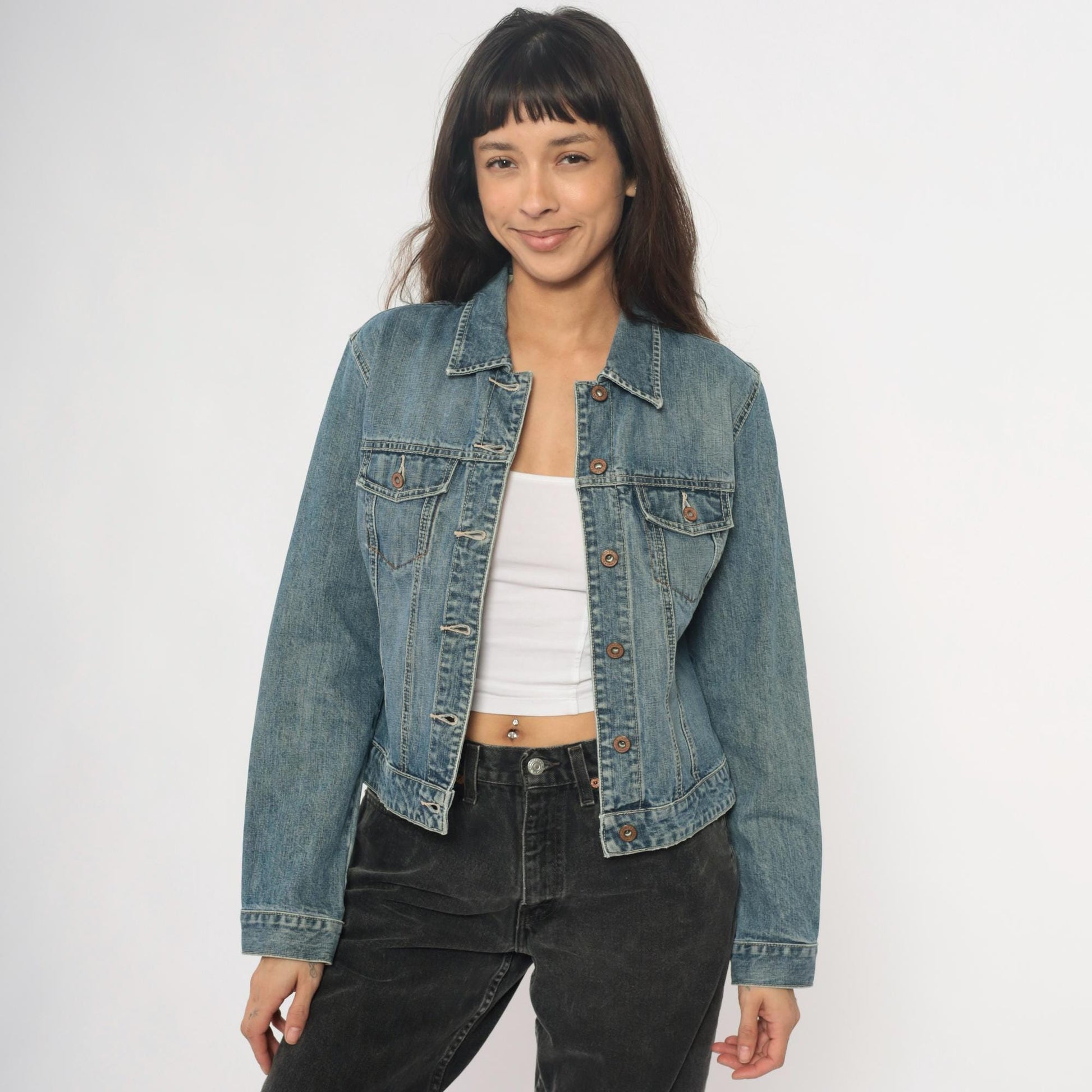Y2K Gap Light Wash Denim Jacket Princess Seam Fitted Cropped Medium M