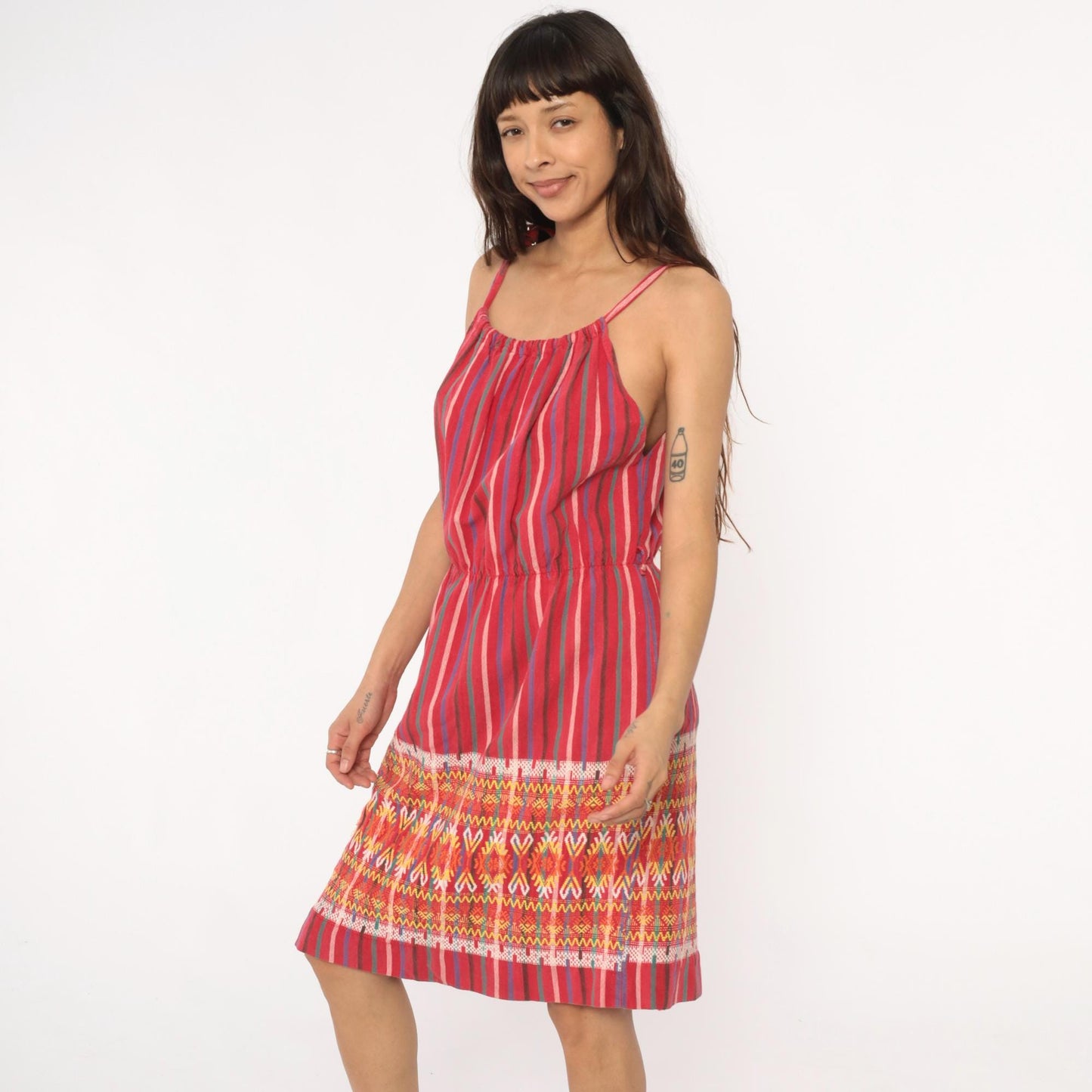 90s Red Striped Cotton Sundress Tribal Ikat Border Tie Strap Large
