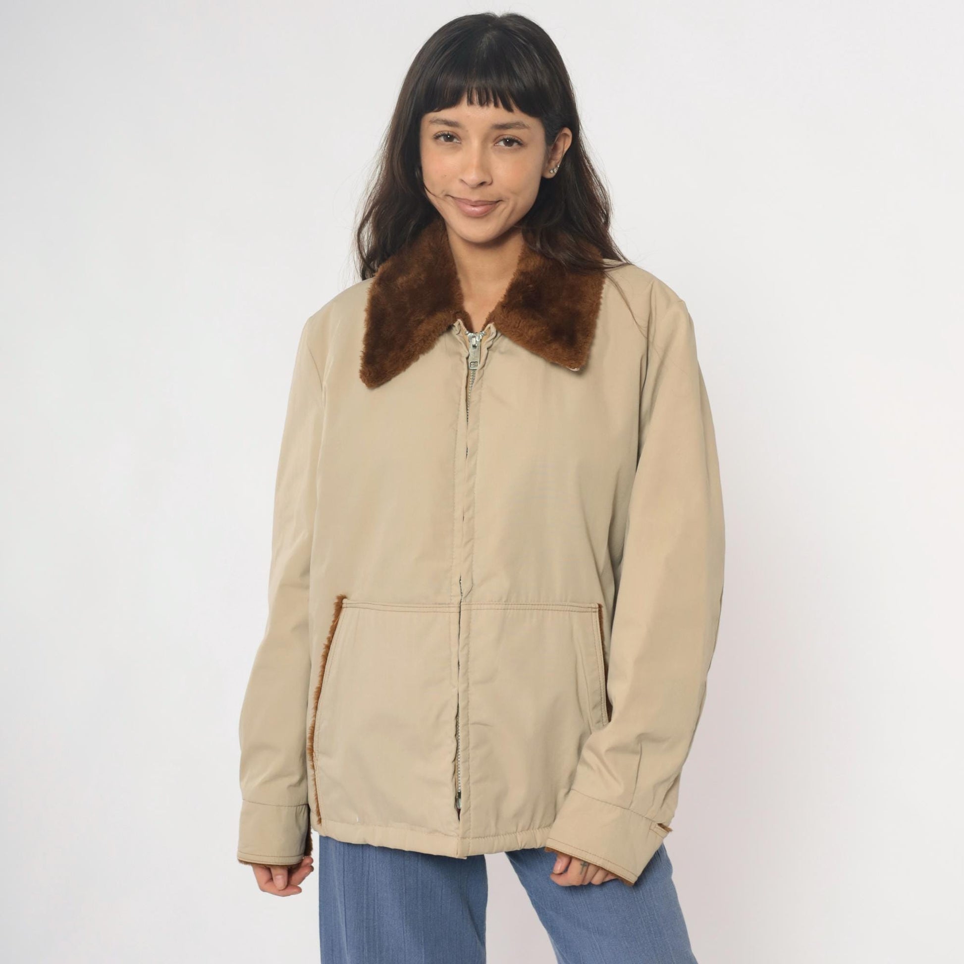 80s Weathercastle Bomber Jacket Beige Faux Fur Collar Lined Large