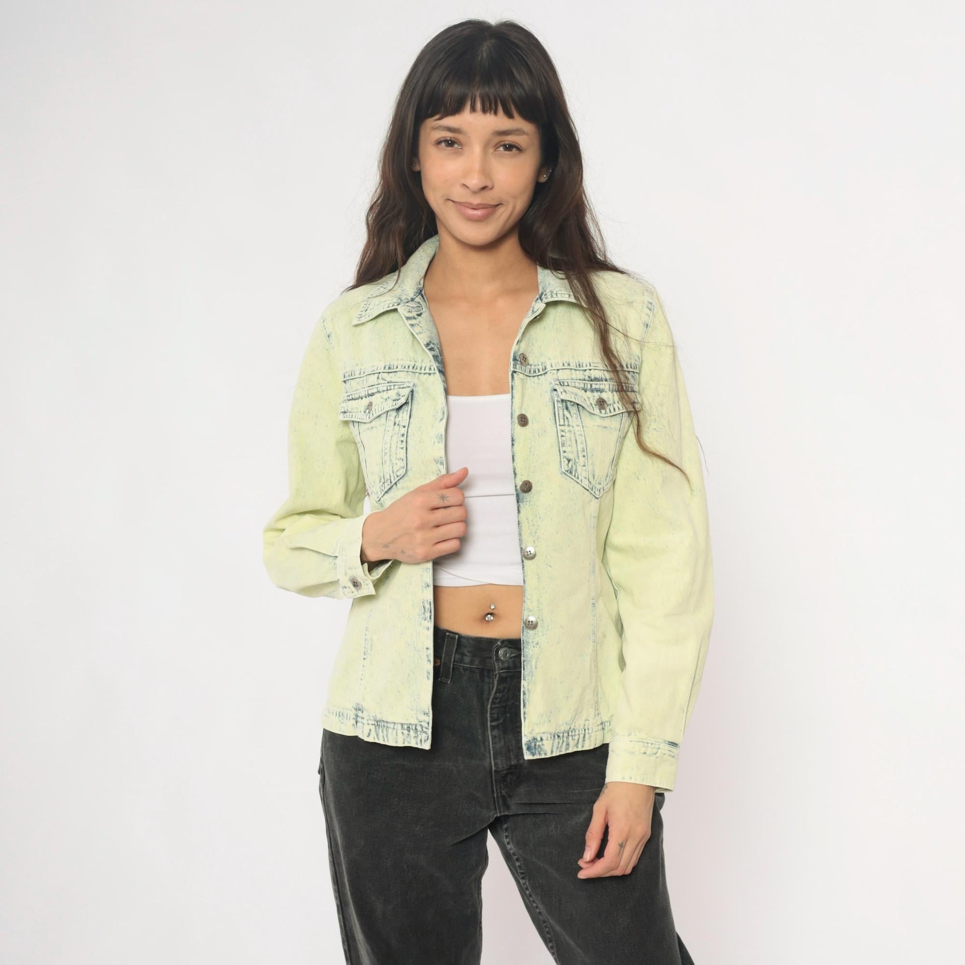90s Get Together Acid Wash Denim Shirt Yellow Cotton Small