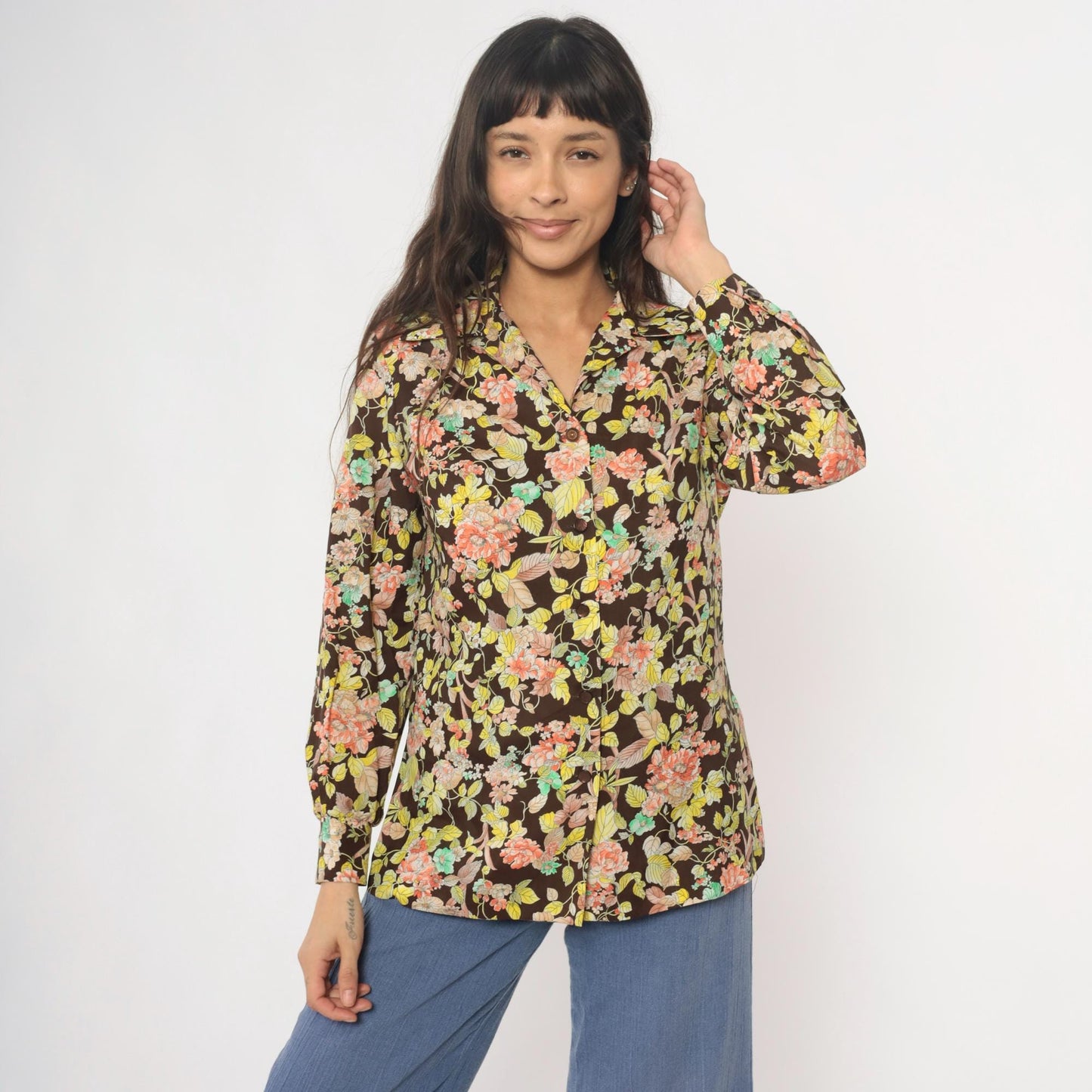 70s Pykettes Floral Blouse Brown Psychedelic Print Collared Long Sleeve Medium