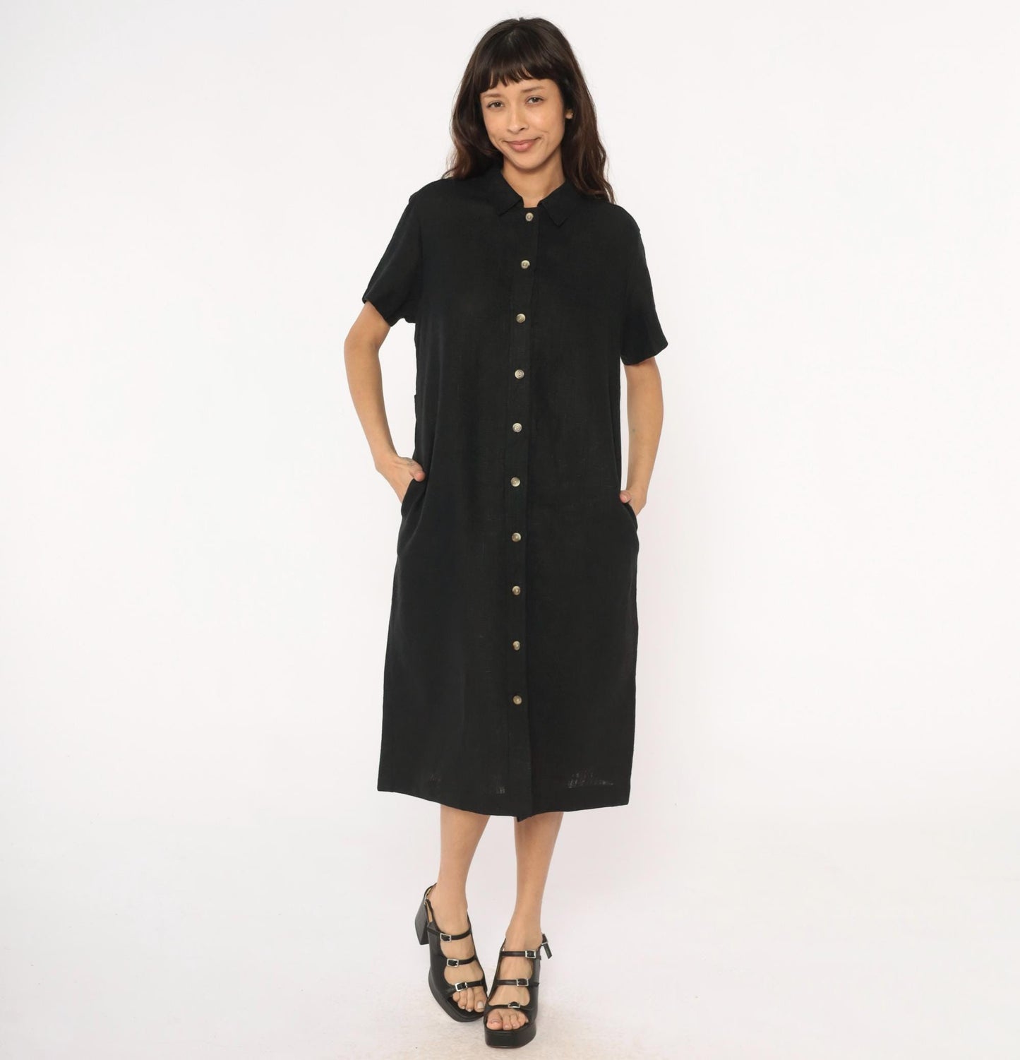 90s Harve Benard Black Linen Midi Shirt Dress Button Front Collar Large L