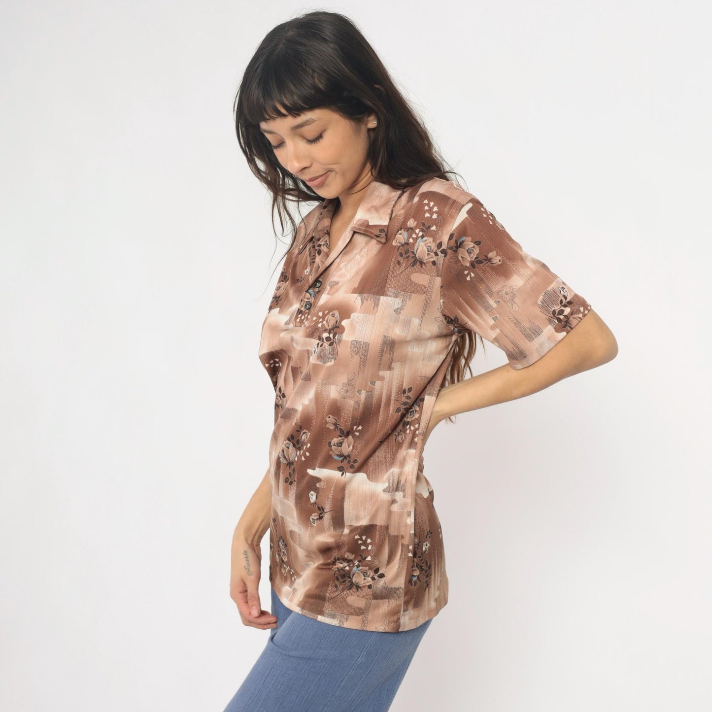 70s Stuart Mann Floral Button-Up Blouse Brown Tan Roses Geometric Medium M