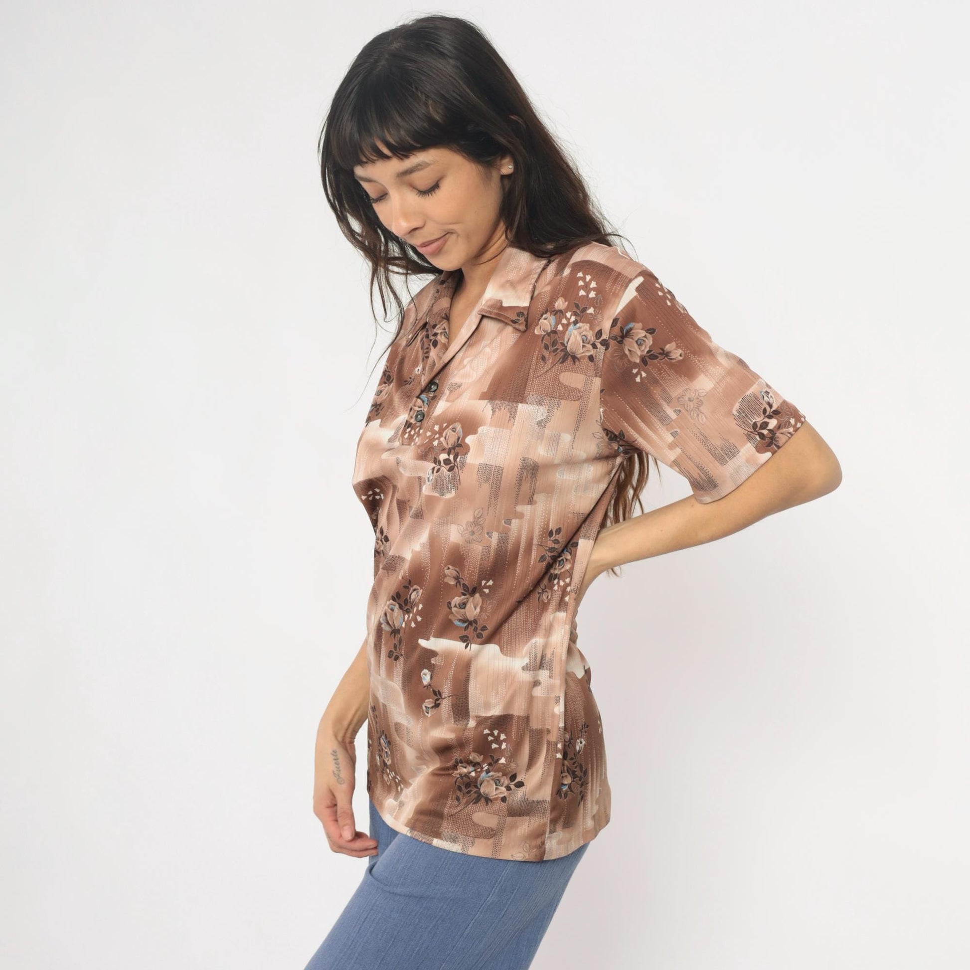 70s Stuart Mann Floral Button-Up Blouse Brown Tan Roses Geometric Medium M