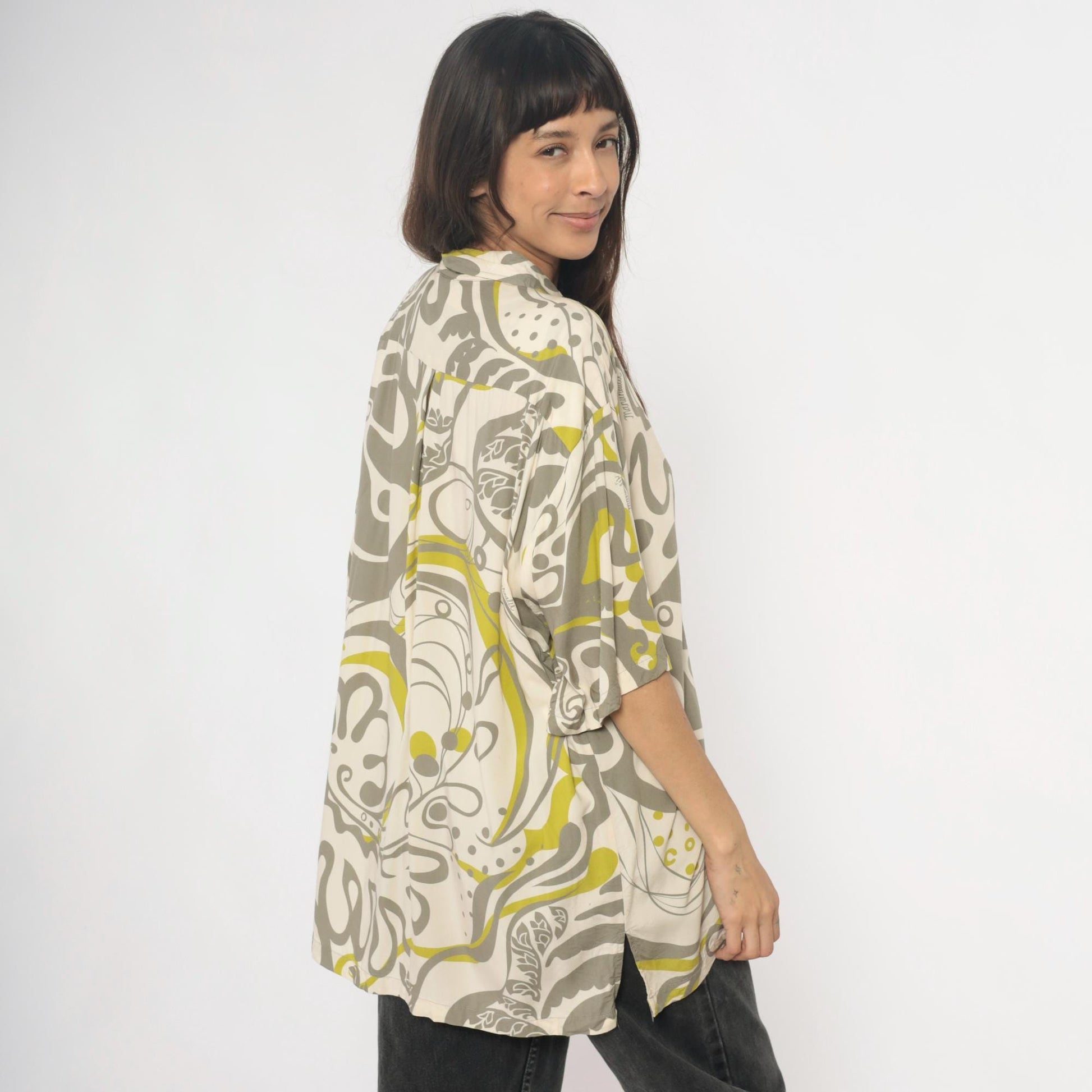 Y2K Manuhealii Psychedelic Swirl Shirt Cream Grey Chartreuse Extra Large XL