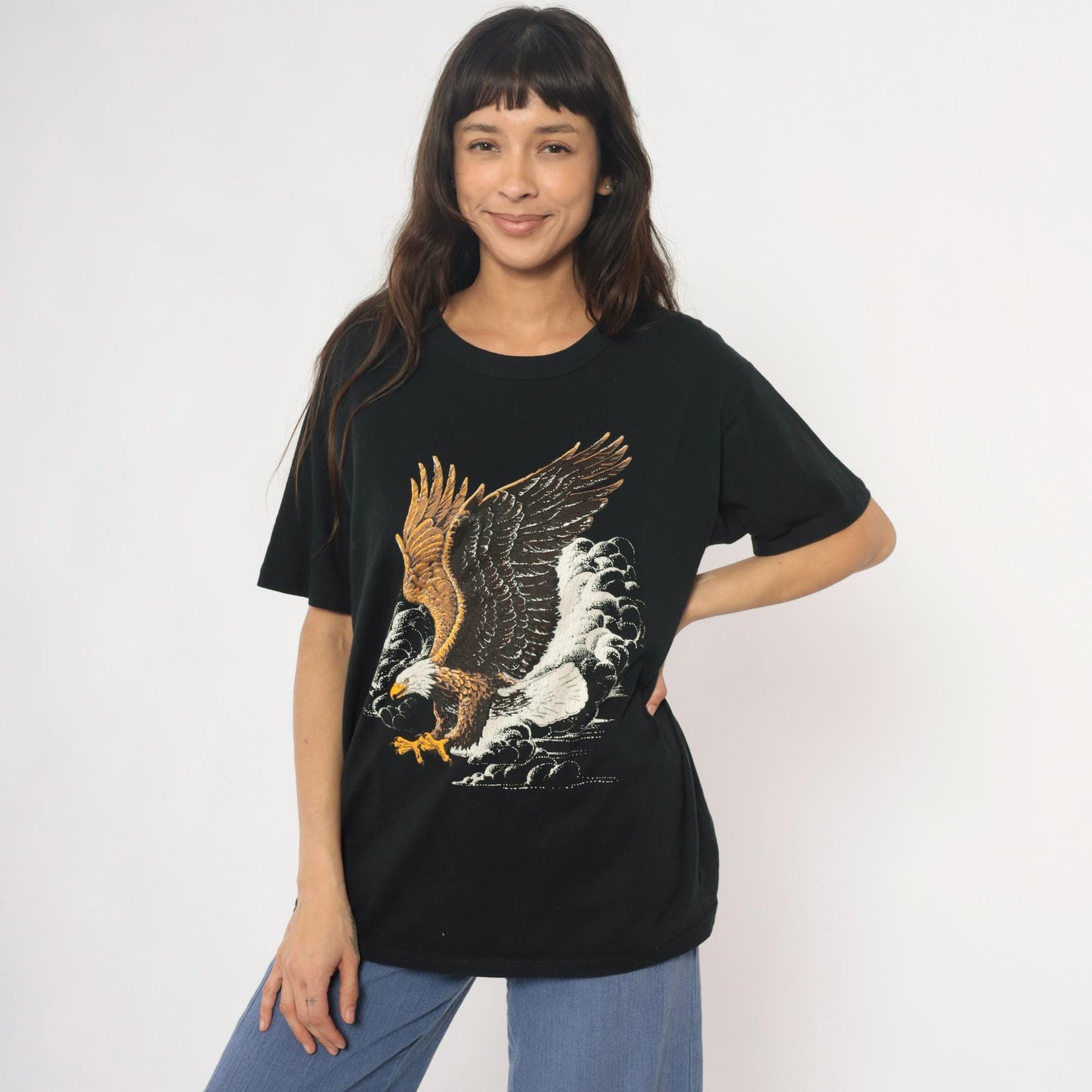90s Bald Eagle Graphic T-Shirt Black Cotton Tee Large L
