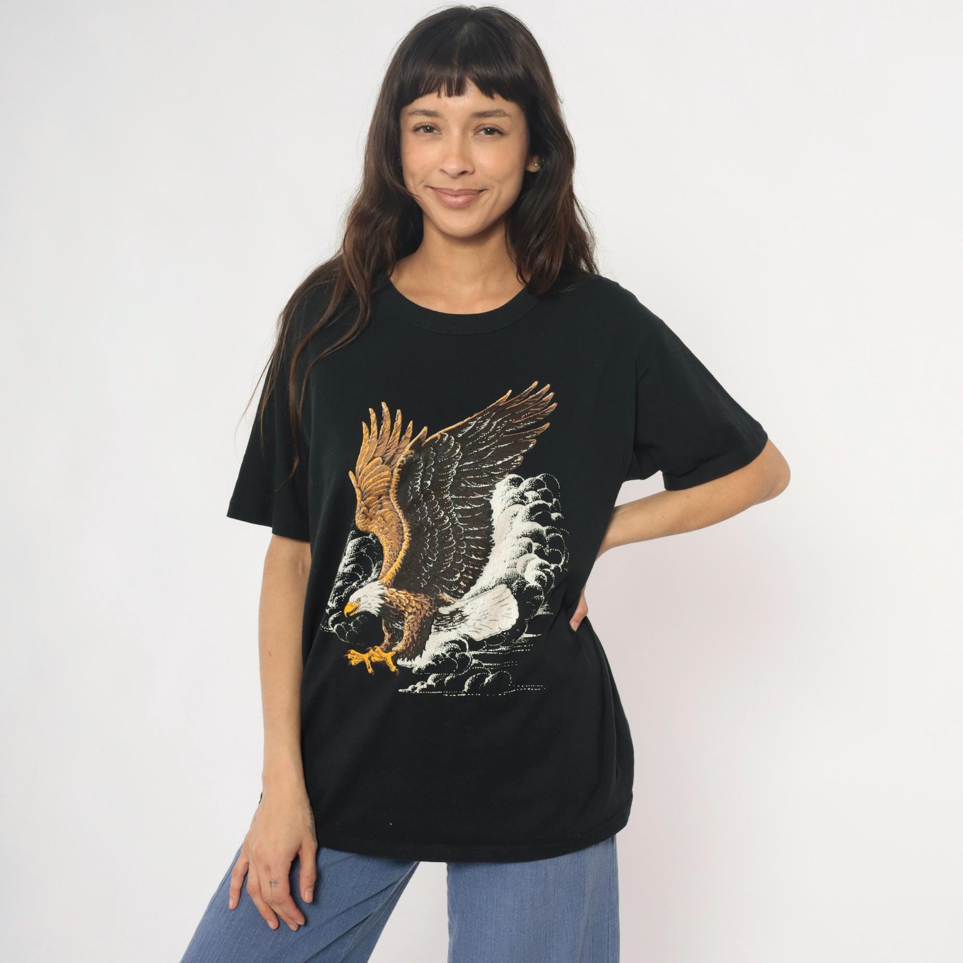 90s Bald Eagle Graphic T-Shirt Black Cotton Tee Large L