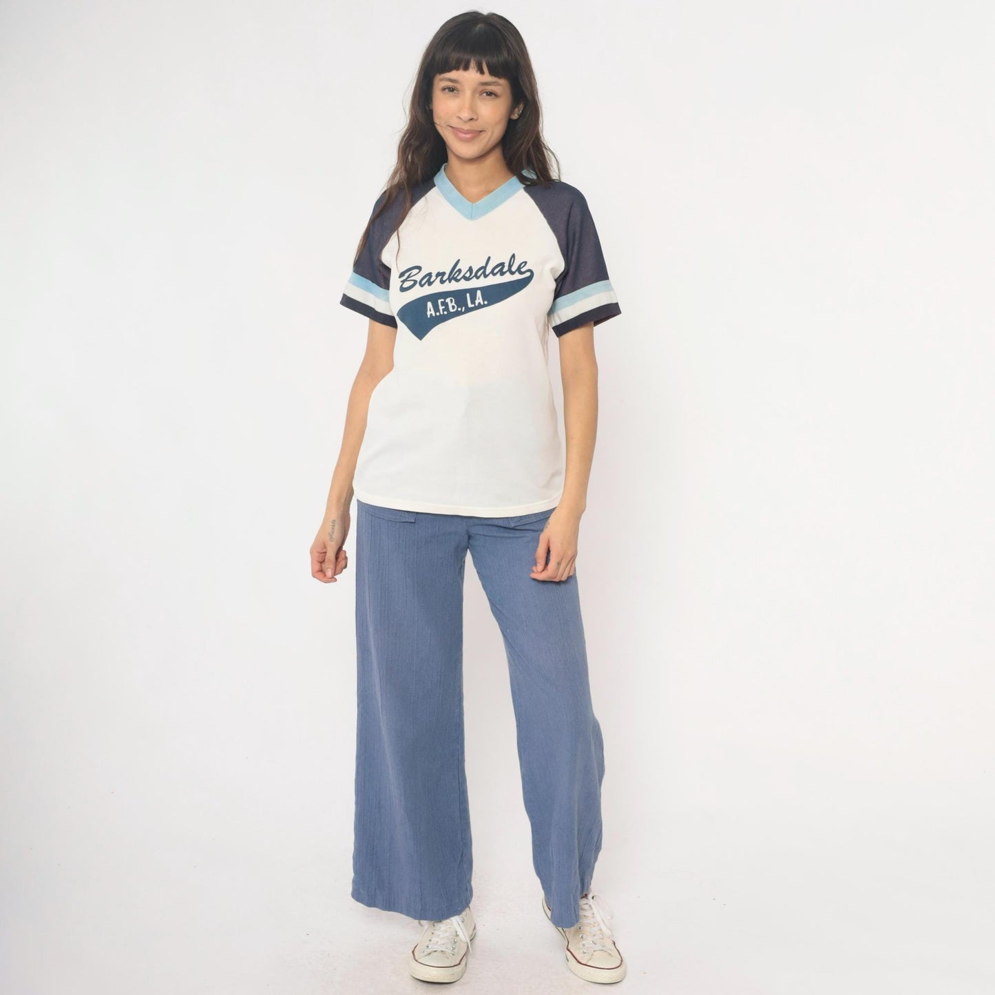 80s Barksdale A.F.B. Raglan Jersey Number 24 White Navy V-Neck Small