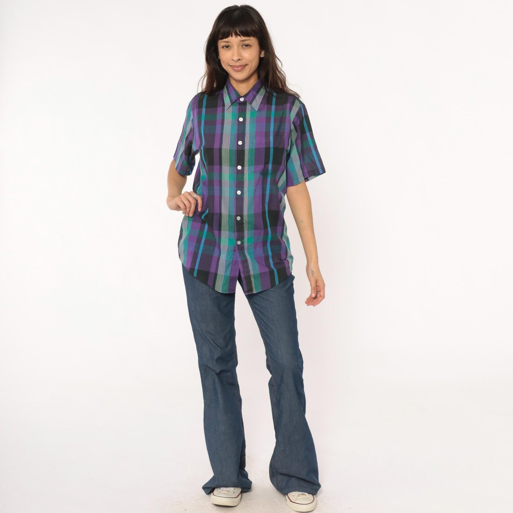 80s Plaid Button-Up Shirt Purple Green Teal Check Short Sleeve Medium