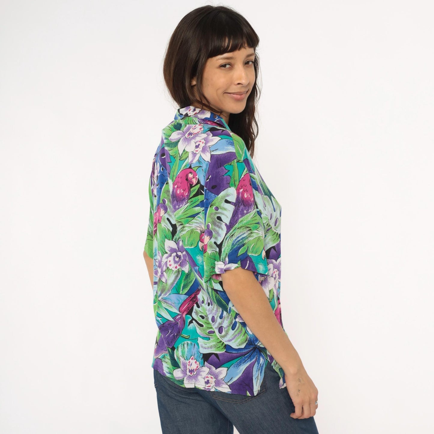 90s Spare Change California Tropical Parrot Rayon Shirt Turquoise Medium