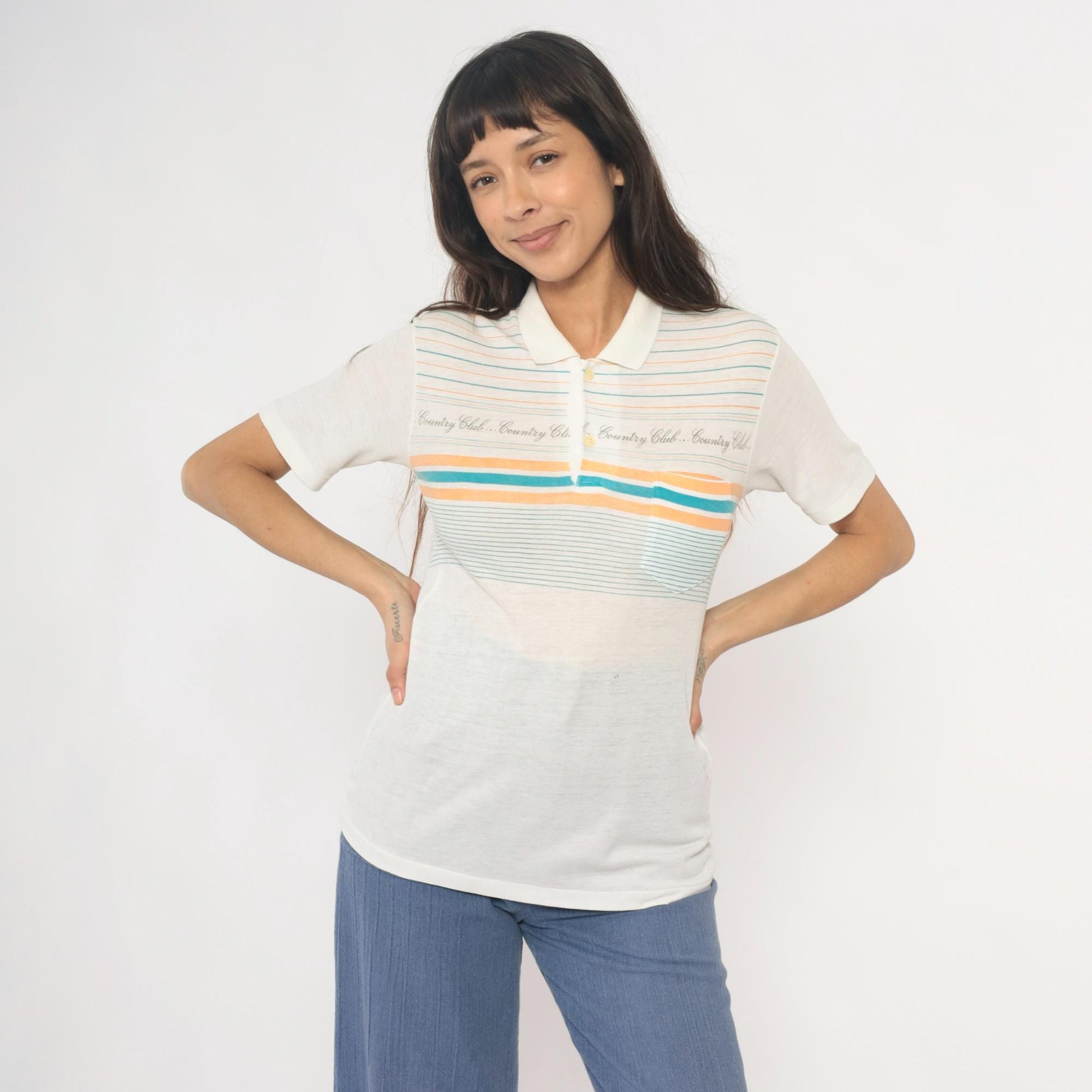 80s Country Club Polo Shirt Striped Cream Teal Peach Small