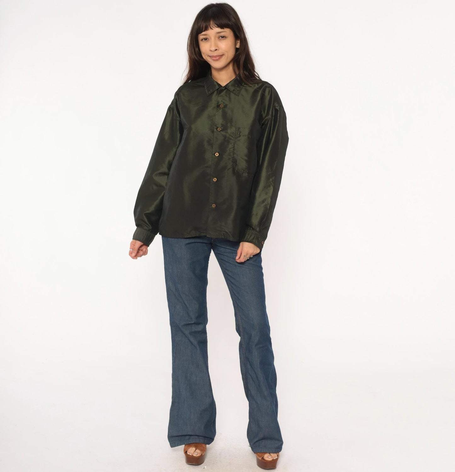Y2K Olive Green Button-Up Shirt Sqwear Collared Long Sleeve Medium