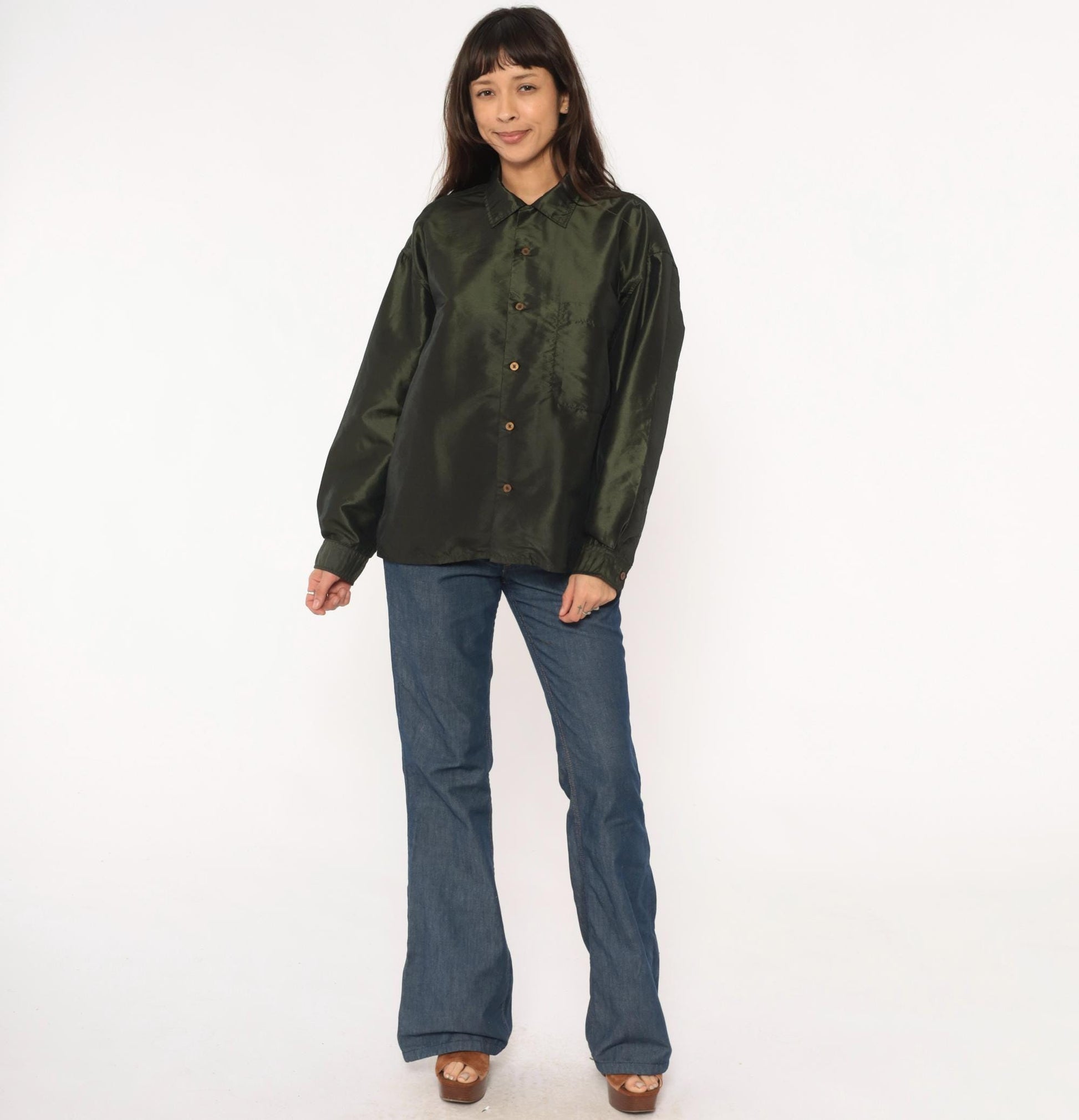 Y2K Olive Green Button-Up Shirt Sqwear Collared Long Sleeve Medium