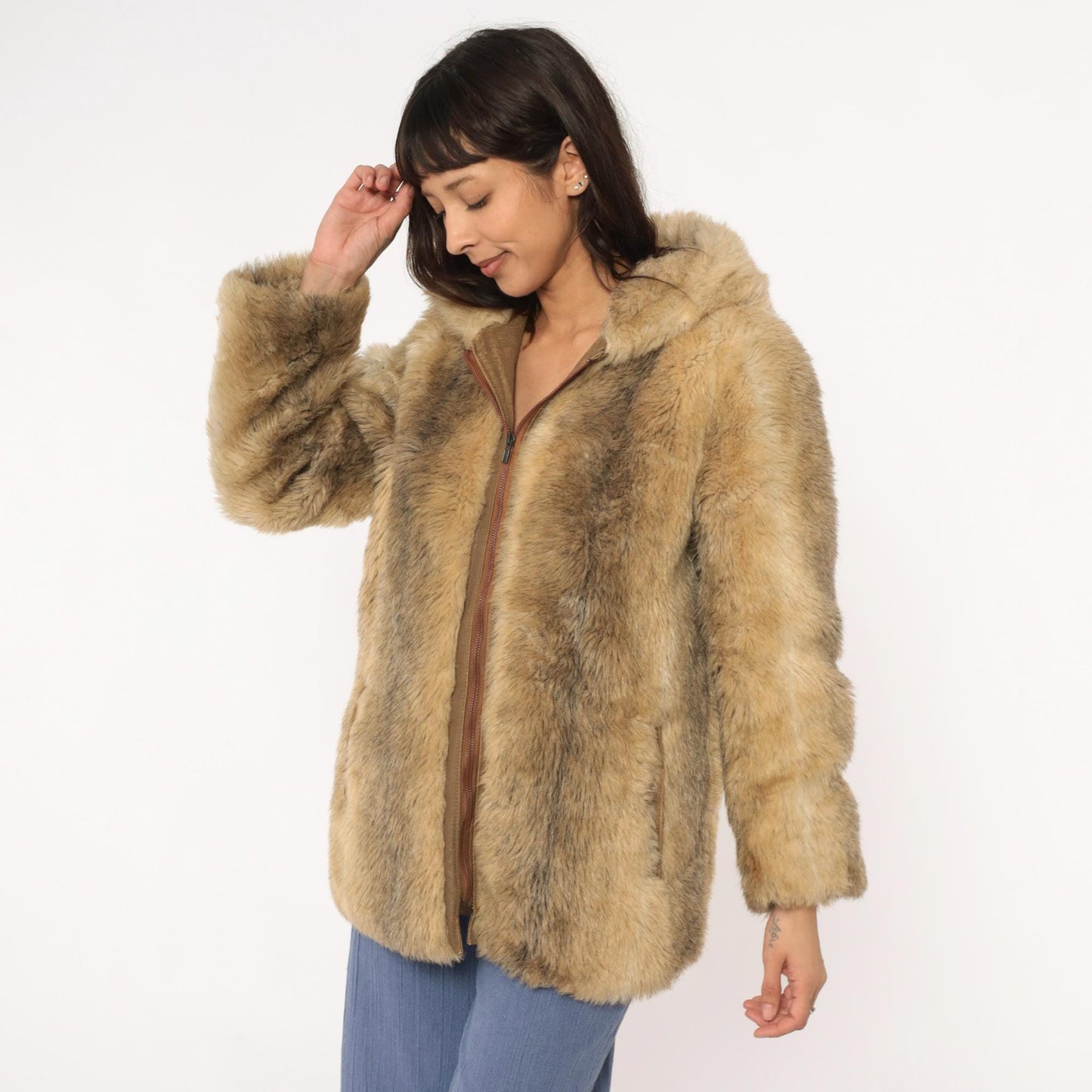 70s Beekman Place Faux Fur Hooded Coat Beige Brown Vinyl Trim Medium