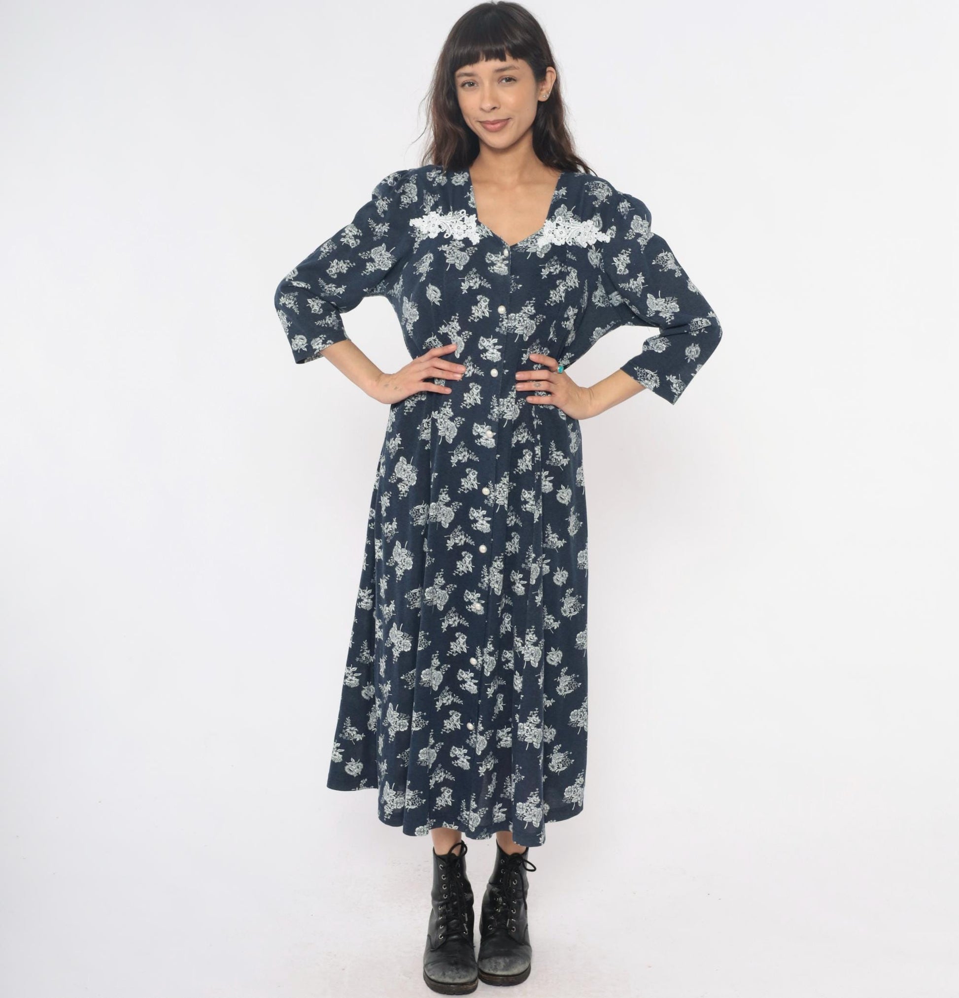90s Navy Floral Maxi Dress Lace Collar Button Front Three Quarter Sleeve Extra Large XXL