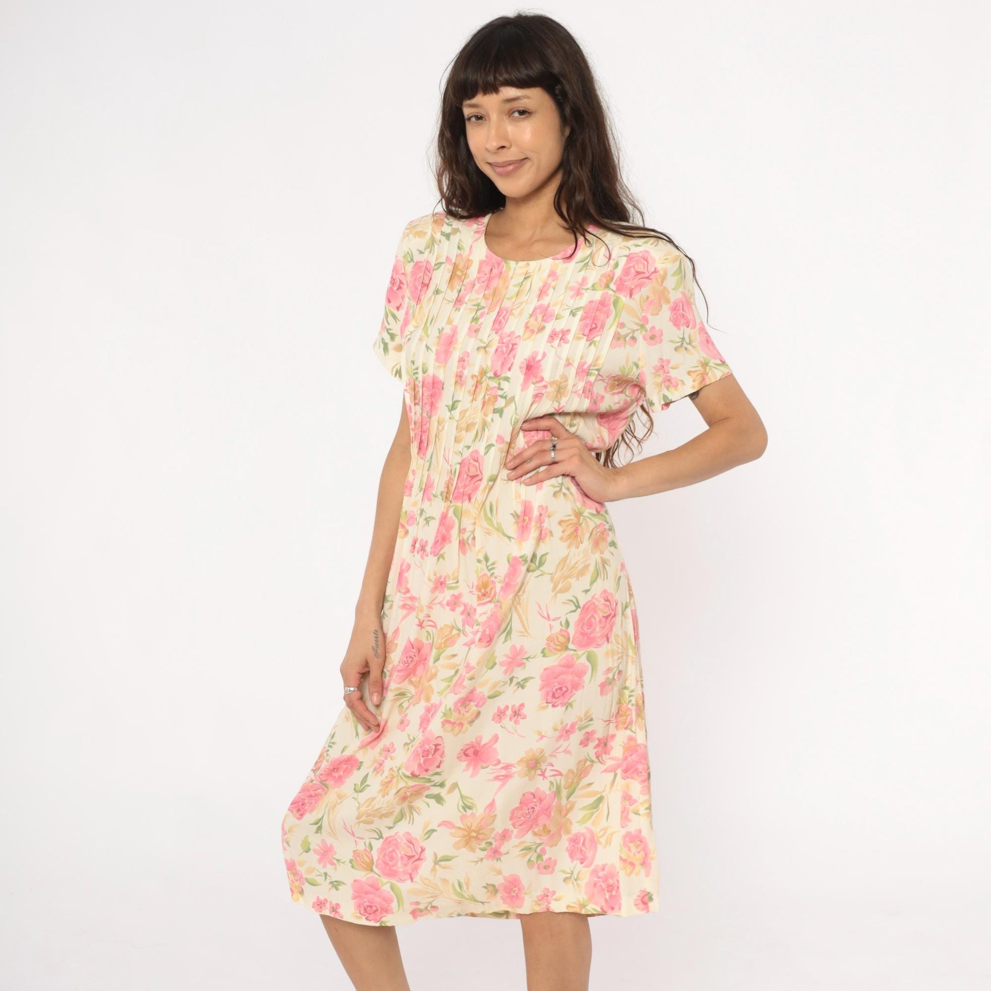 90s Teddi Floral Midi Dress Cream Pink Roses Pintuck Bodice Tie Back Large