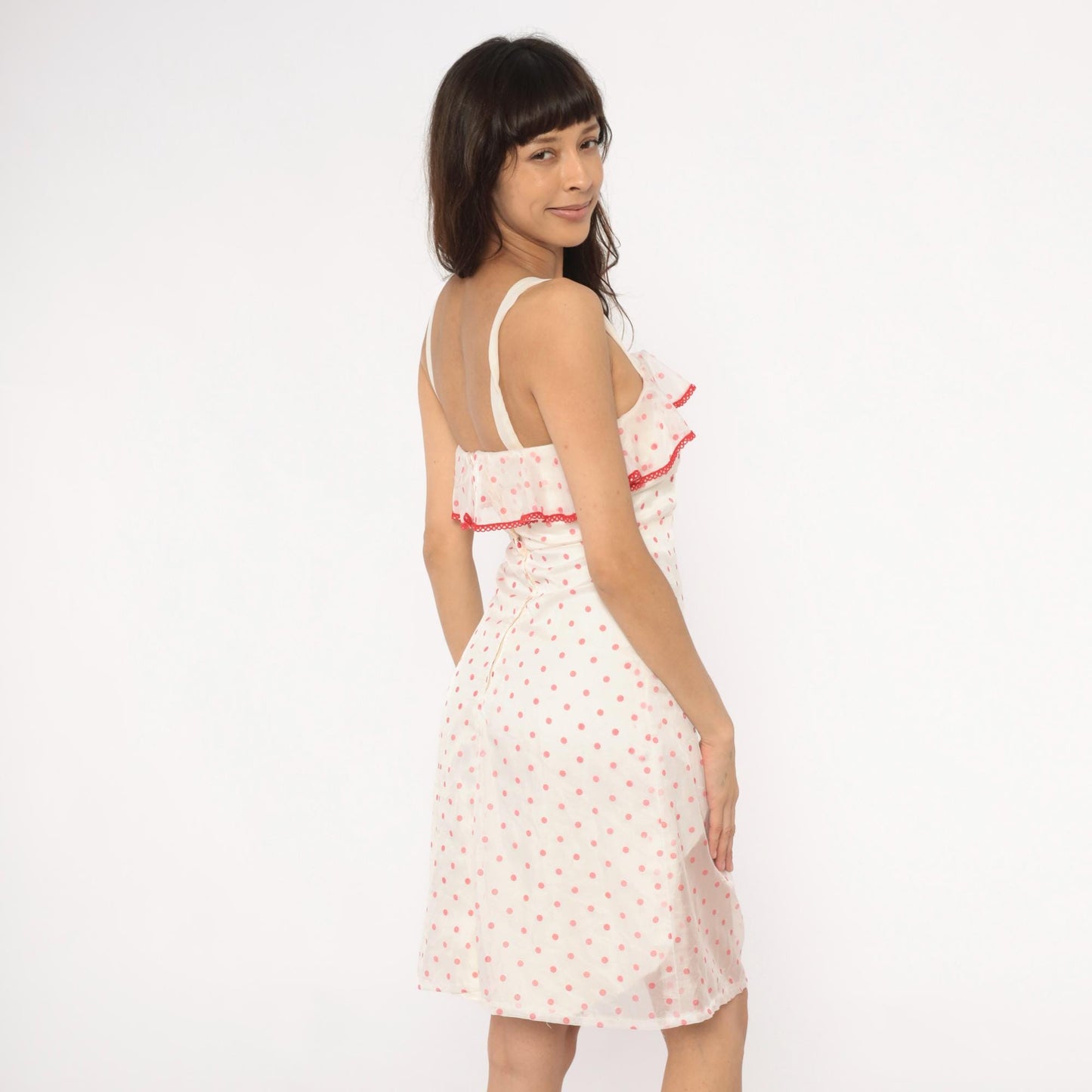 80s Pink White Polka Dot Midi Dress Red Ribbon Ruffle Spaghetti Strap Extra Small