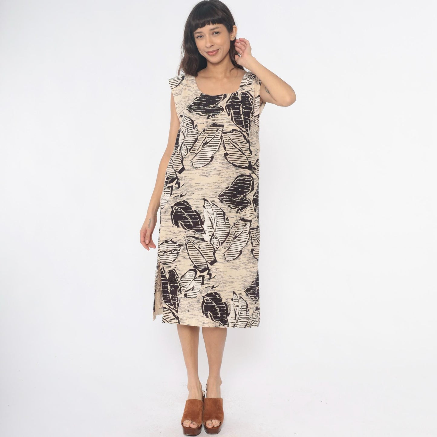 70s Leaf Print Shift Dress Cream Black Botanical Sleeveless Large