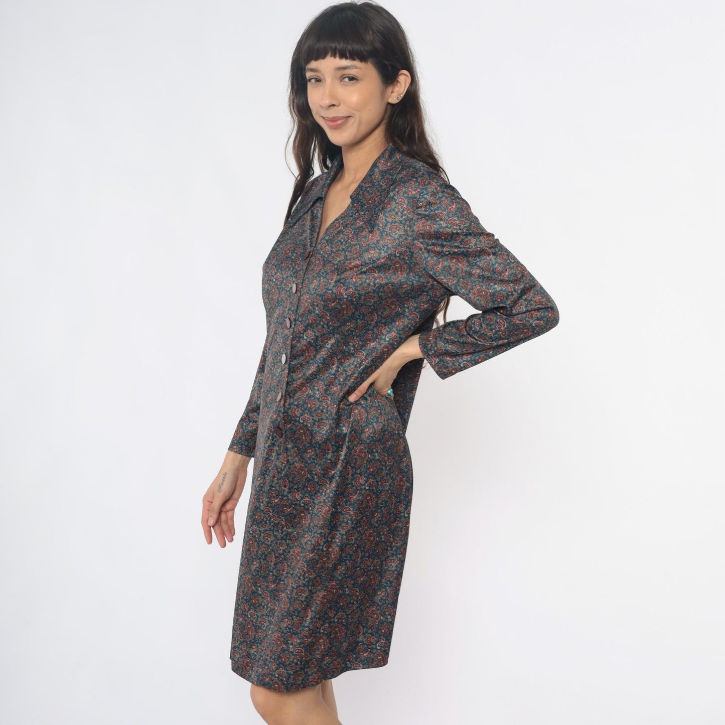 70s Paisley Shirt Dress Collared Button Front Long Sleeve Blue Large L
