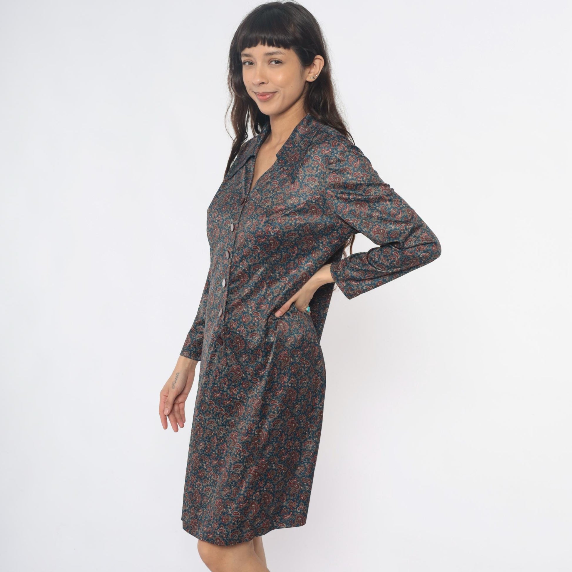 70s Paisley Shirt Dress Collared Button Front Long Sleeve Blue Large L