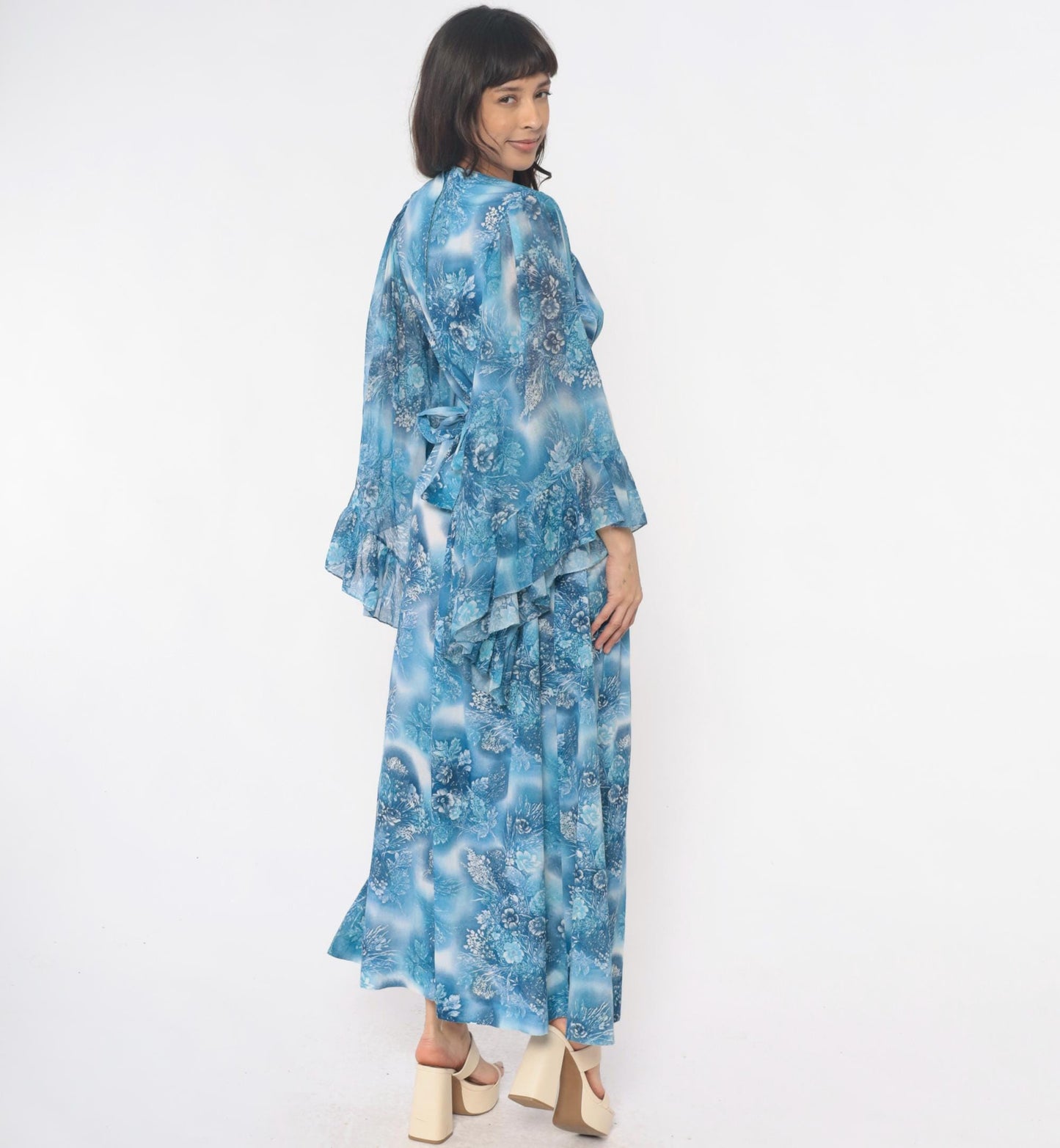 70s Blue Floral Angel Sleeve Maxi Dress Wrap Bodice Small Medium
