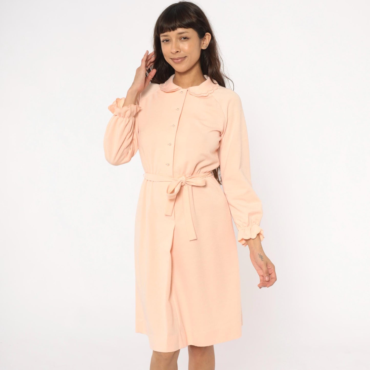 80s Leslie Fay Peach Dress Peter Pan Collar Button Front Belted Small