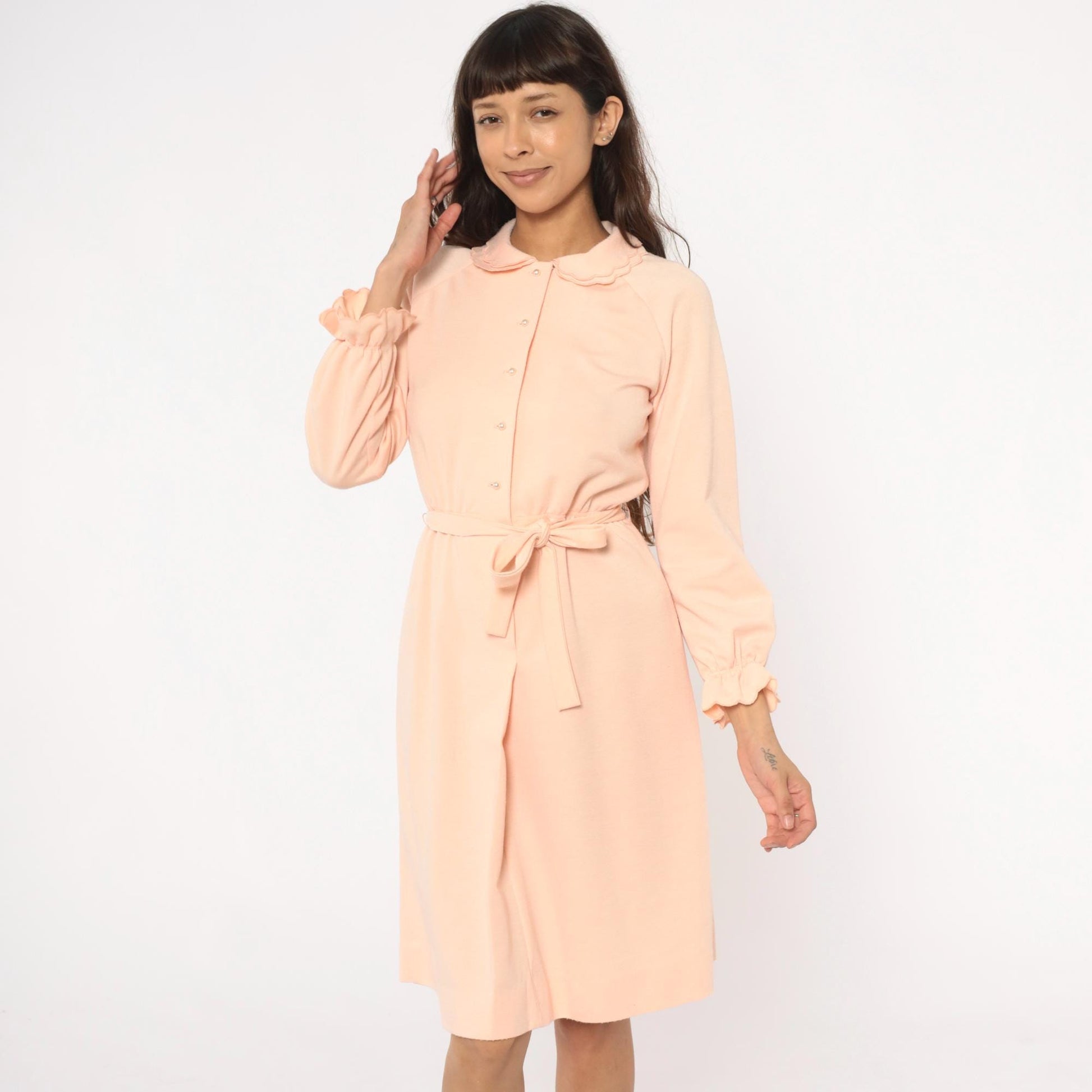 80s Leslie Fay Peach Dress Peter Pan Collar Button Front Belted Small