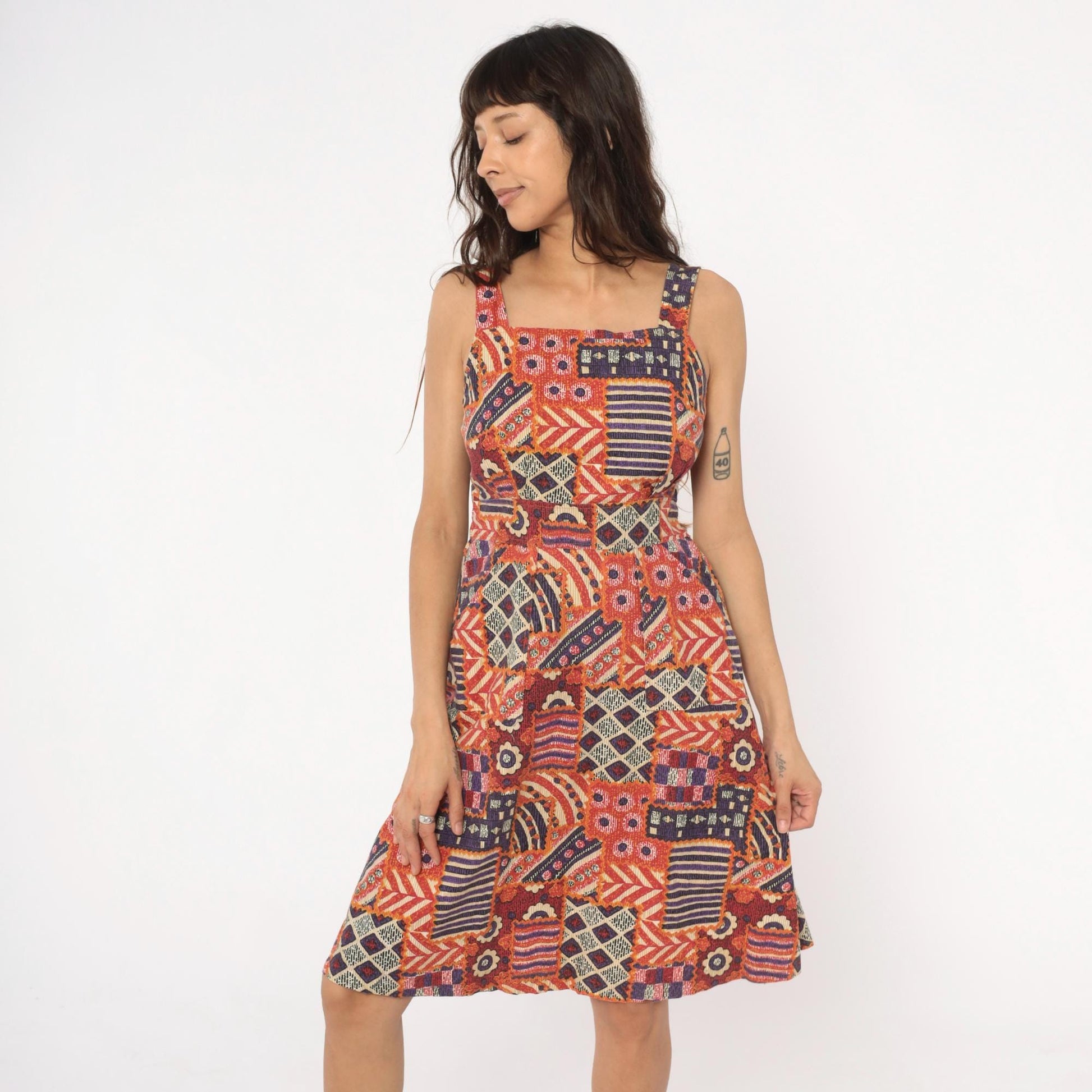 90s Geometric Patchwork Sundress Square Neck Tribal Print Small S