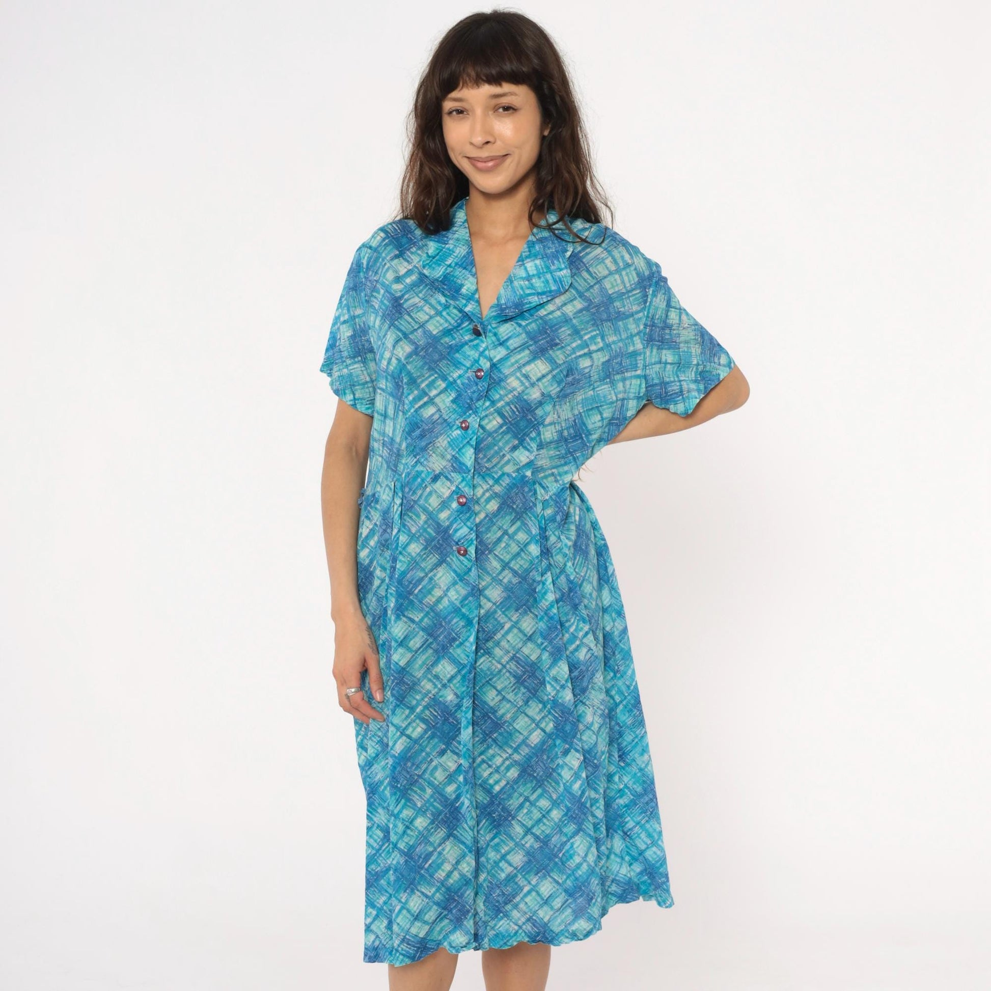 60s Blue Crosshatch Plaid Button-Front Shirtdress Short Sleeve Cotton Large L