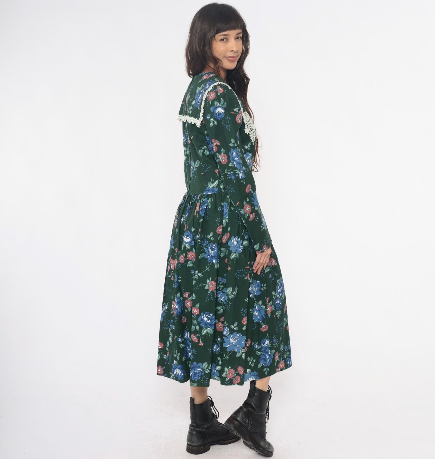 80s Jessica McClintock Gunne Sax Forest Green Floral Midi Dress Crochet Lace Medium M