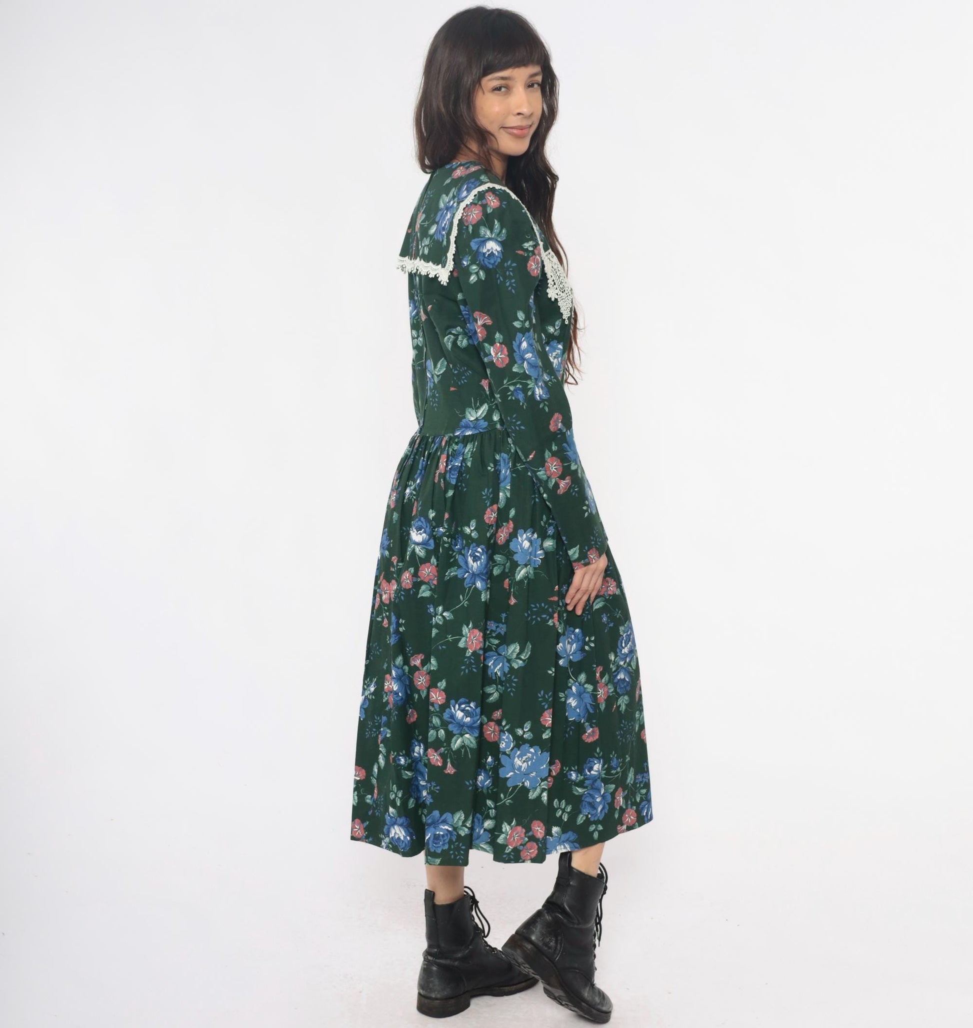 80s Jessica McClintock Gunne Sax Forest Green Floral Midi Dress Crochet Lace Medium M