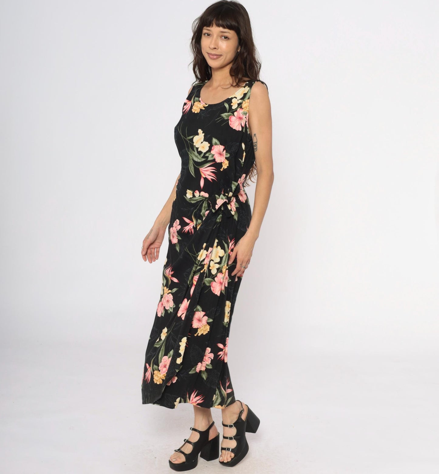 90s Caribbean Joe Black Floral Maxi Dress Tropical Print Sleeveless Large L