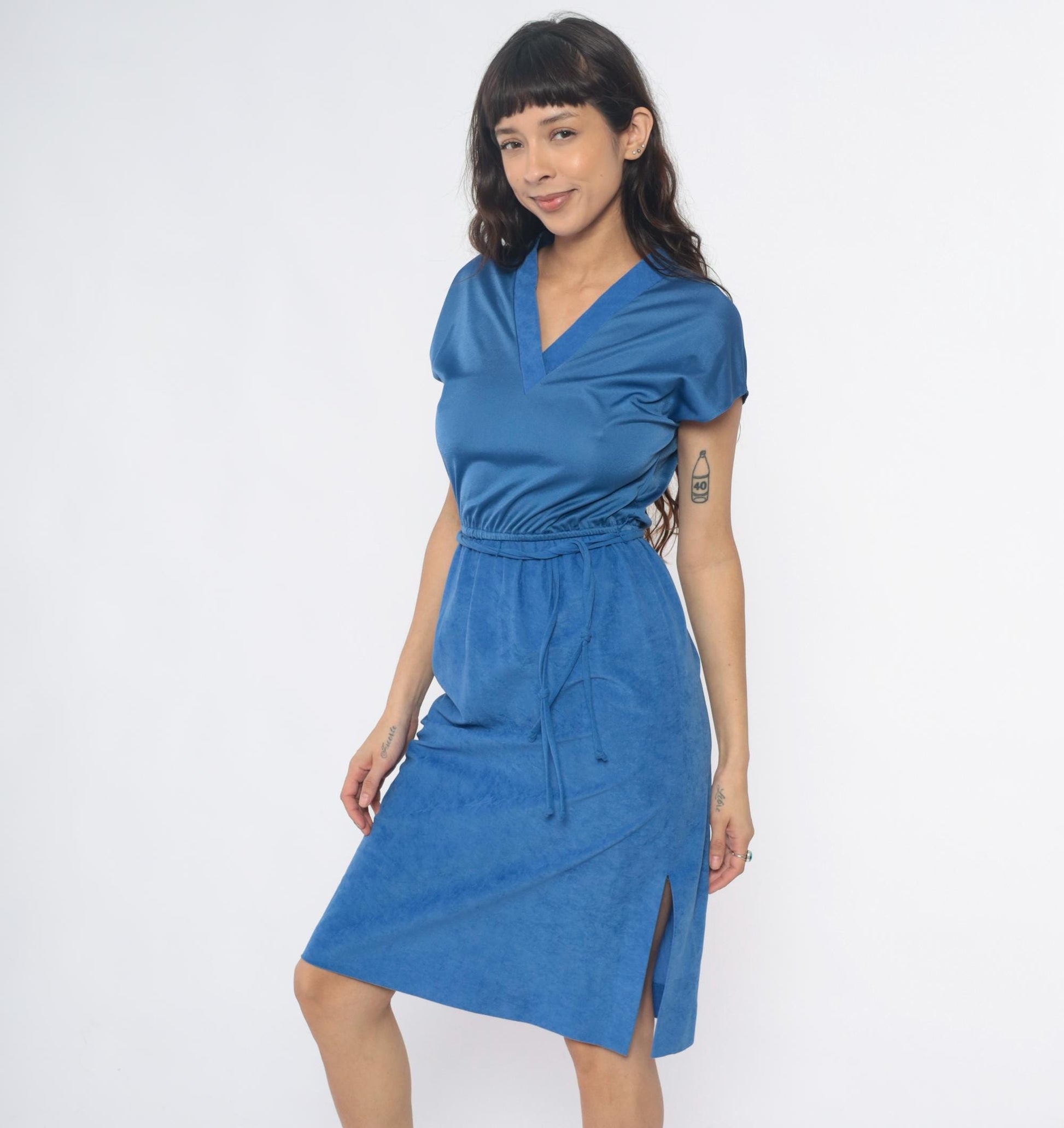80s Gail Gray Periwinkle Midi Wrap Dress V-Neck Belted Small