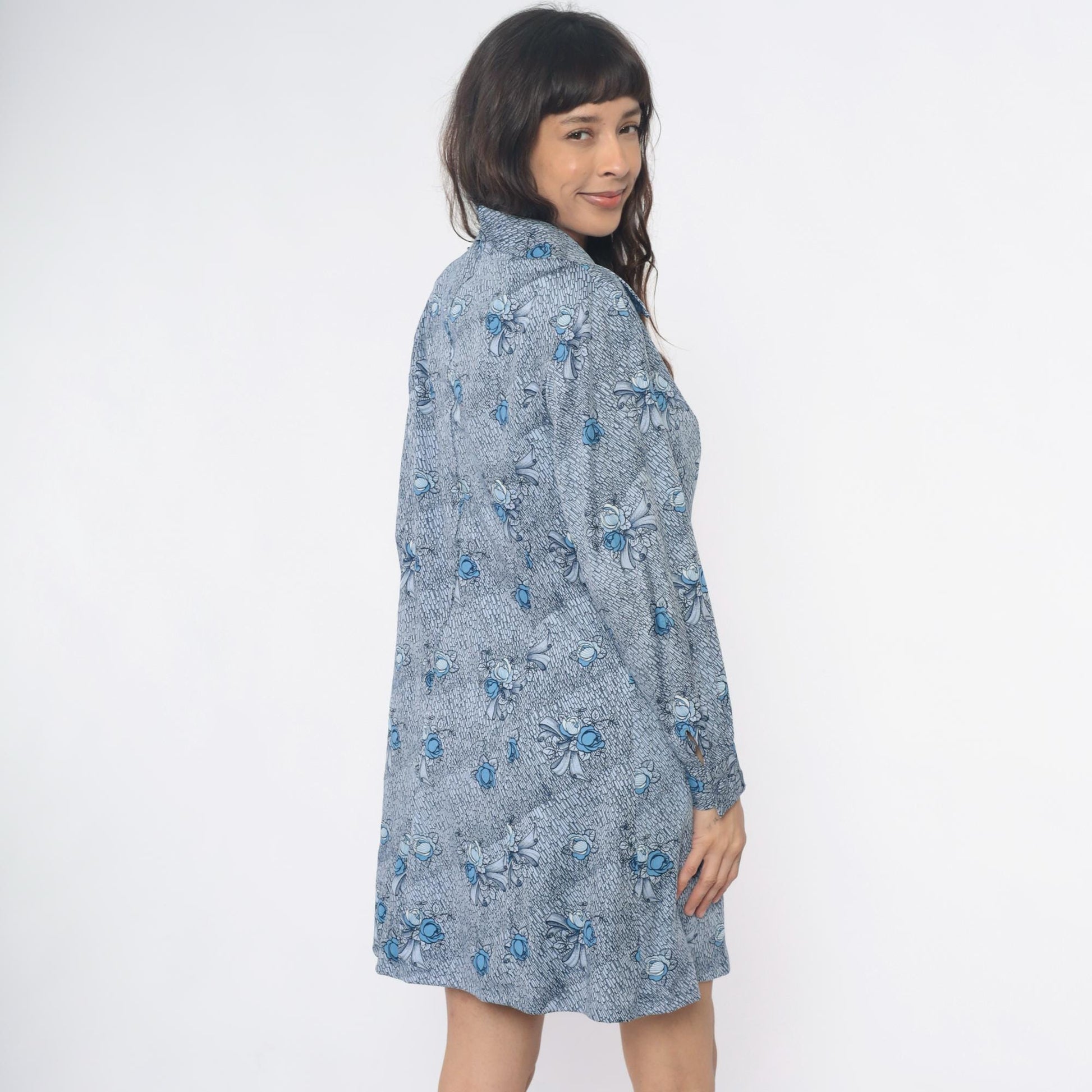 70s Blue-Gray Floral Bow Shirt Dress Pointed Collar Knee-Length Large