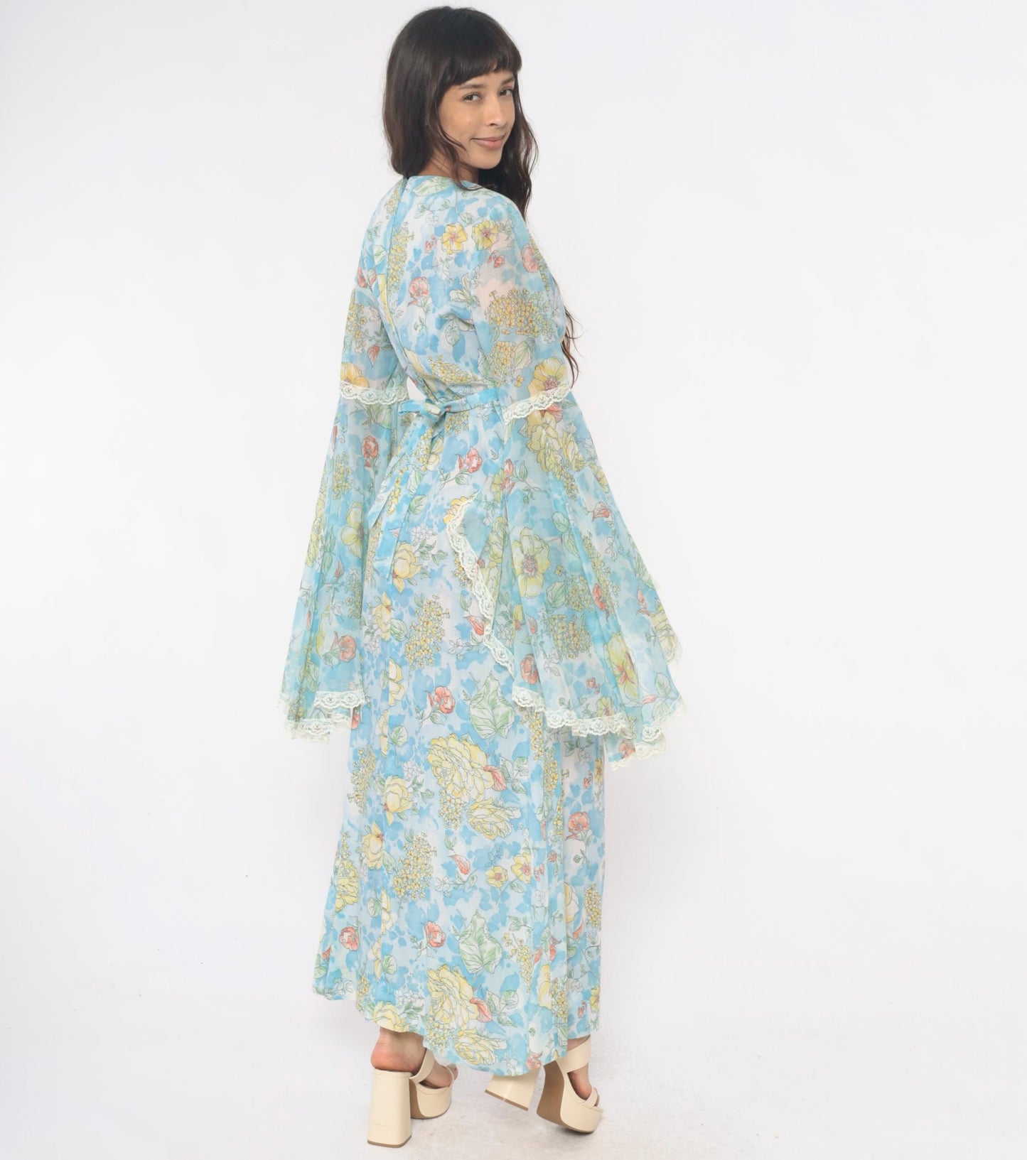 70s Light Blue Floral Maxi Dress Bell Sleeve Wrap Tie Waist Lace Trim Small Medium